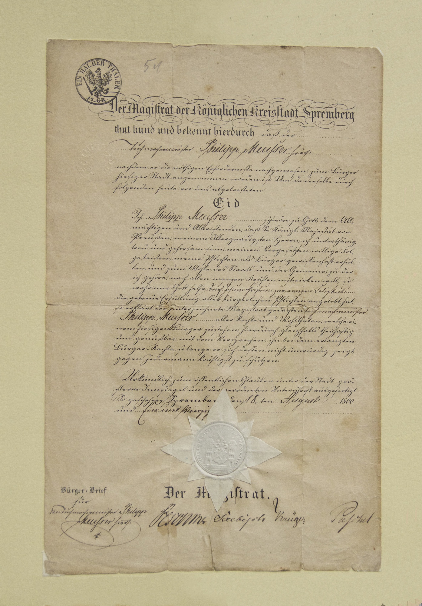 Bürgerbrief des Tuchmachermeisters Philipp Meußer aus Spremberg (Niederlausitzer Heidemuseum CC BY-NC-SA)
