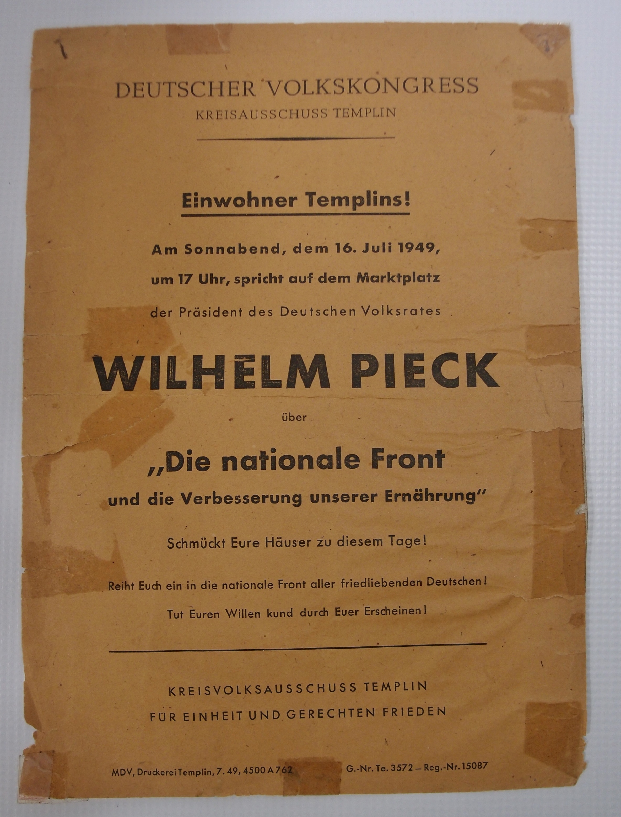 Aufruf Kundgebung Wilhelm Pieck (Museum für Stadtgeschichte Templin CC BY-NC-SA)