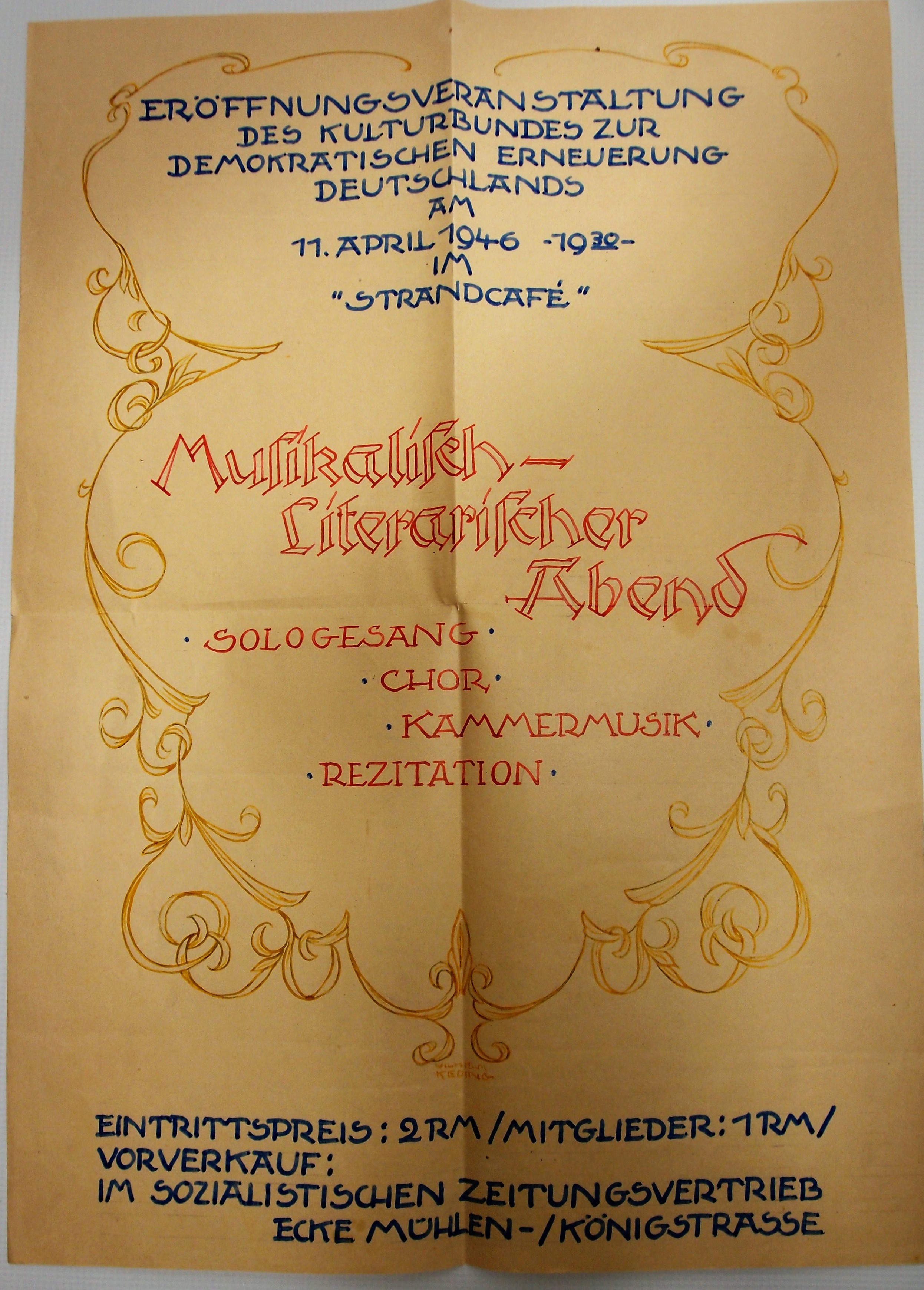 Handgemaltes Plakat Eröffnung Kulturbund (Museum für Stadtgeschichte Templin CC BY-NC-SA)