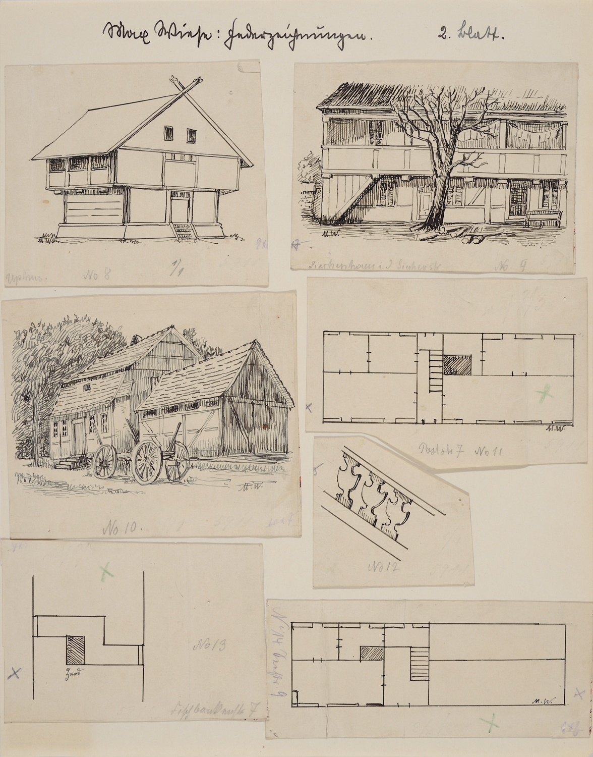 7 Federzeichnungen zu „Neuruppin und seine Bauten“, Bl. 2, Nr.  8-14 (Museum Neuruppin RR-F)