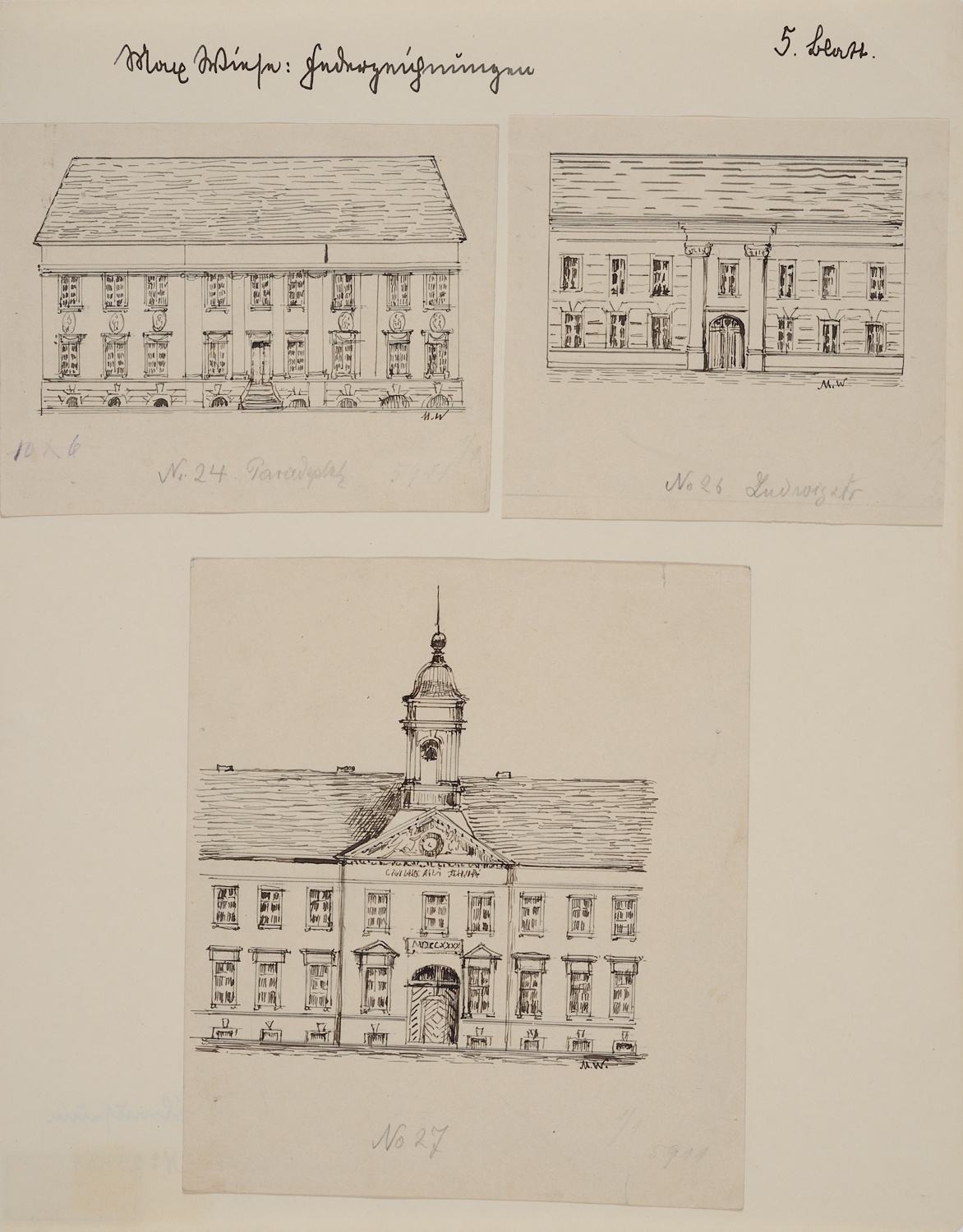 4 Federzeichnungen zu „Neuruppin und seine Bauten“, Bl. 5, Nr. 24, 26, 27 (Museum Neuruppin RR-F)