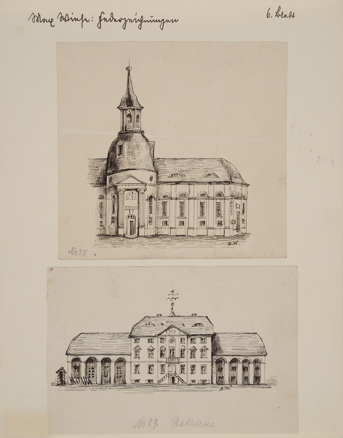 2 Federzeichnungen zu „Neuruppin und seine Bauten“, Bl. 6, Nr. 28, 29 (Museum Neuruppin RR-F)