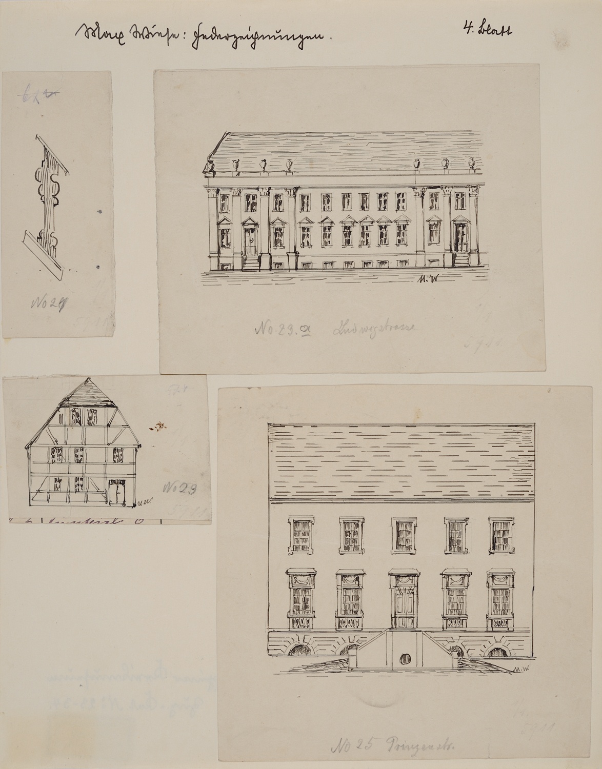 4 Federzeichnungen zu „Neuruppin und seine Bauten“, Bl. 4, Nr. 21, 23, 23a, 25 (Museum Neuruppin RR-F)