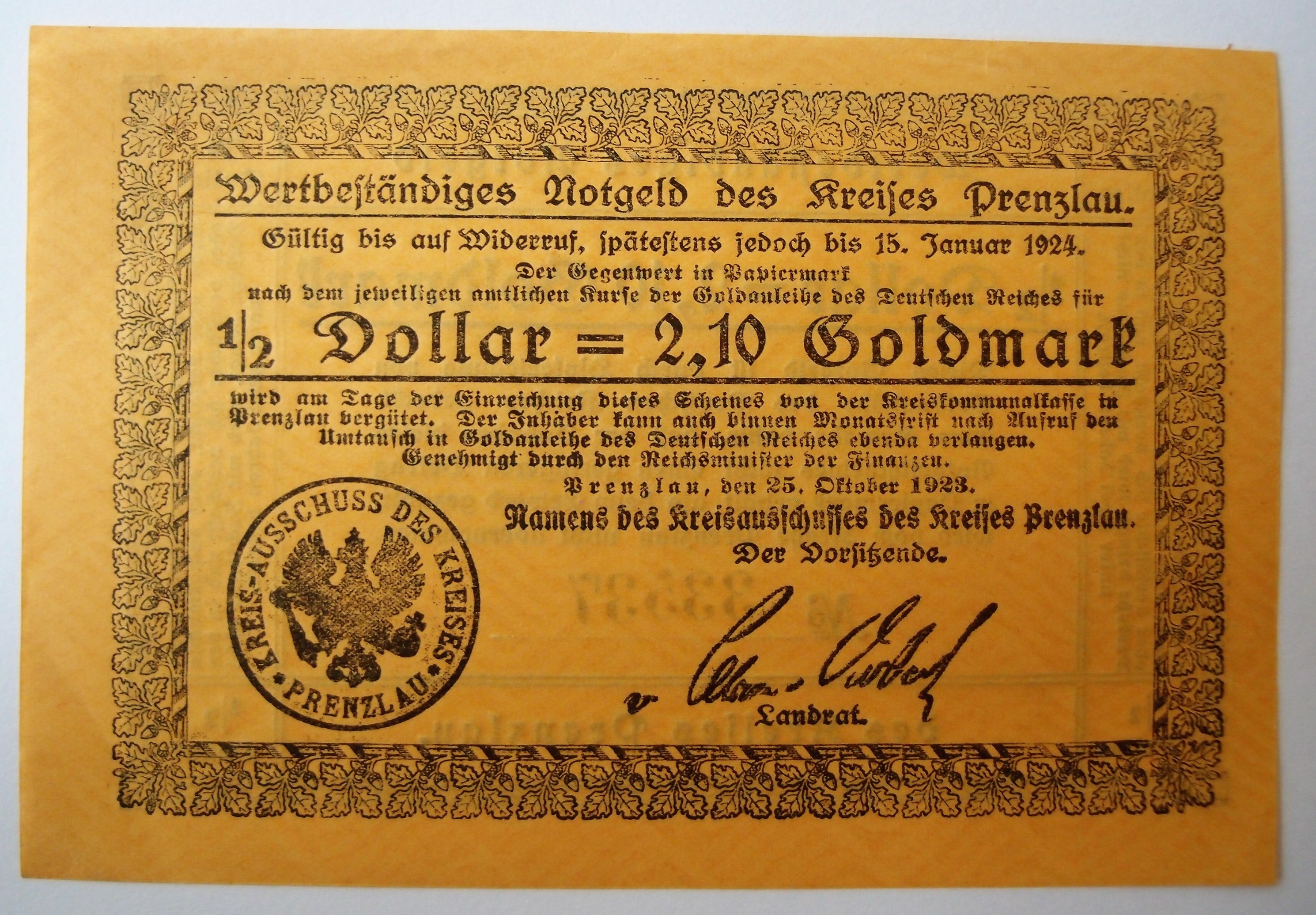 Wertbeständiges Notgeld des Kreises Prenzlau (Museum für Stadtgeschichte Templin CC BY-NC-SA)