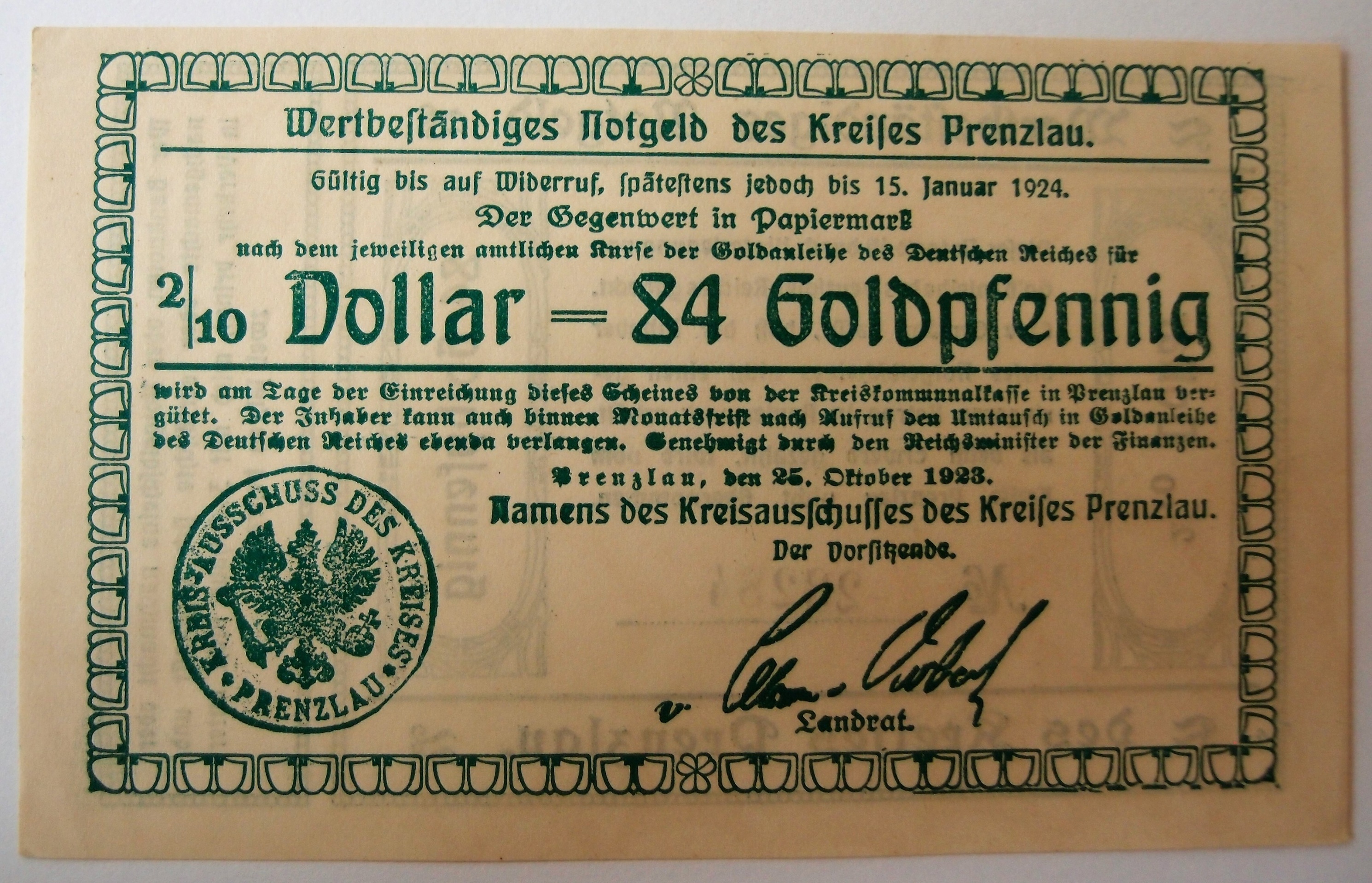 Wertbeständiges Notgeld des Kreises Prenzlau 2/10 Dollar (Museum für Stadtgeschichte Templin CC BY-NC-SA)
