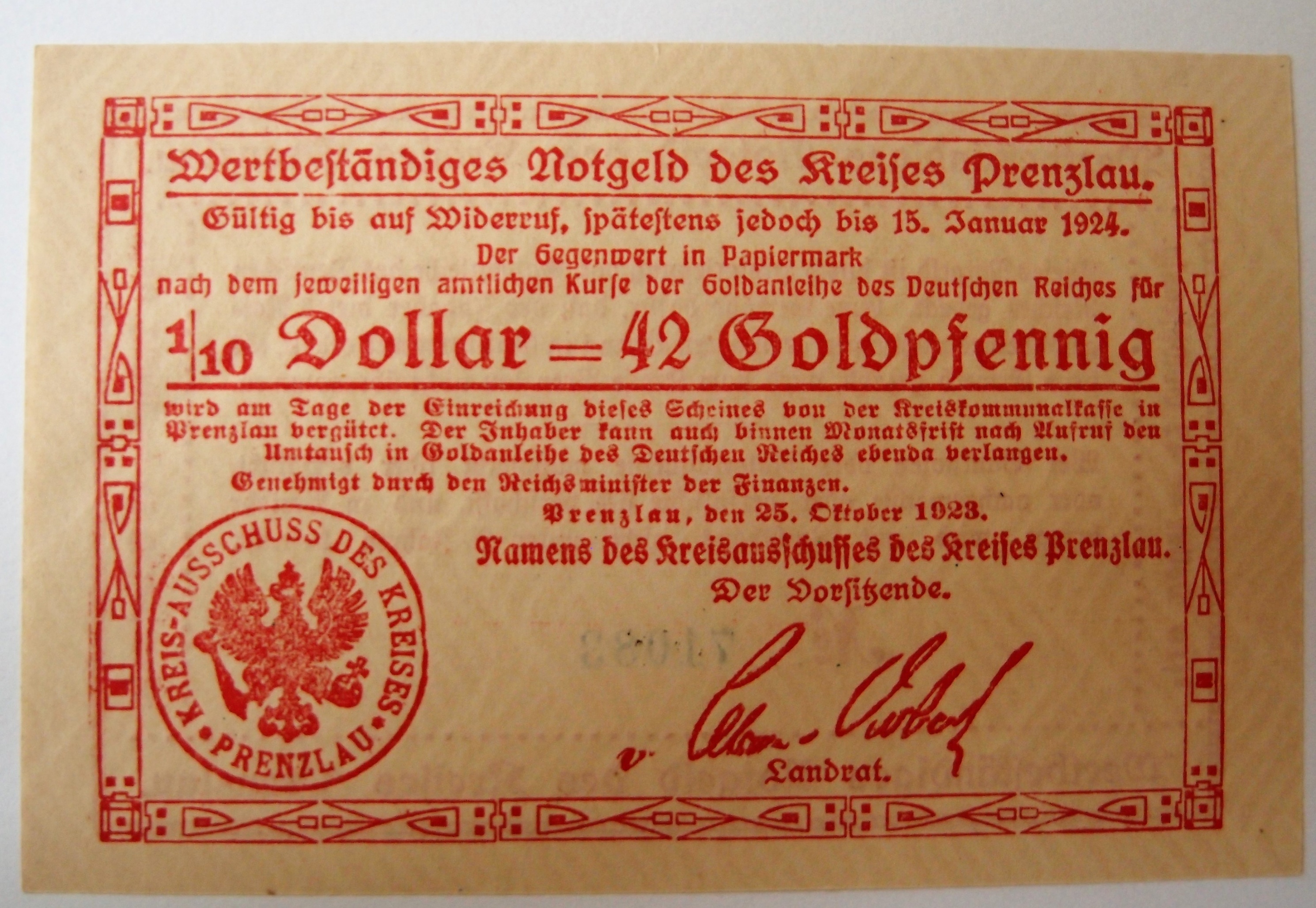 Wertbeständiges Notgeld des Kreises Prenzlau 1/10 Dollar (Museum für Stadtgeschichte Templin CC BY-NC-SA)