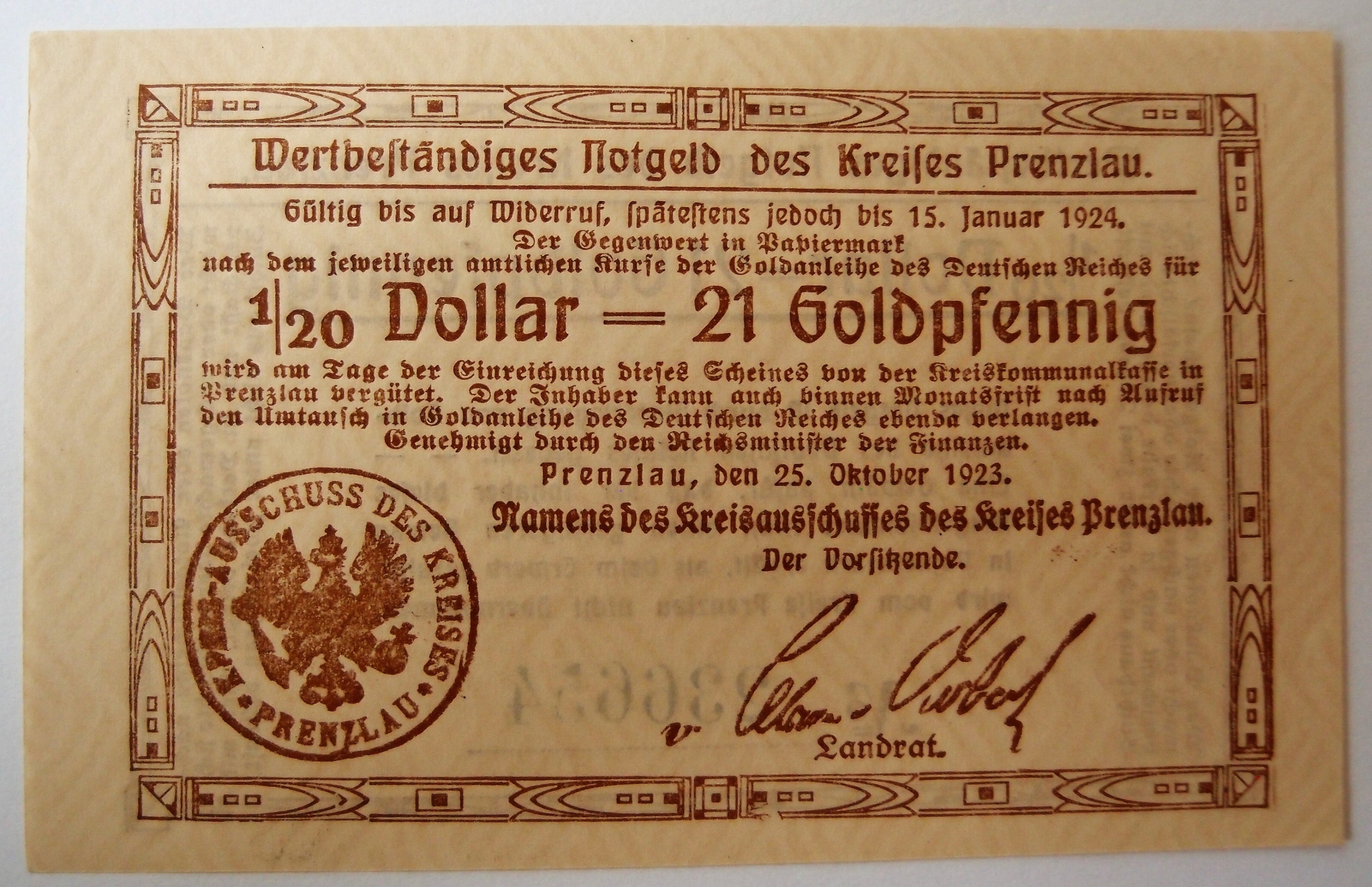 Wertbeständiges Notgeld des Kreises Prenzlau 1/20 Dollar (Museum für Stadtgeschichte Templin CC BY-NC-SA)