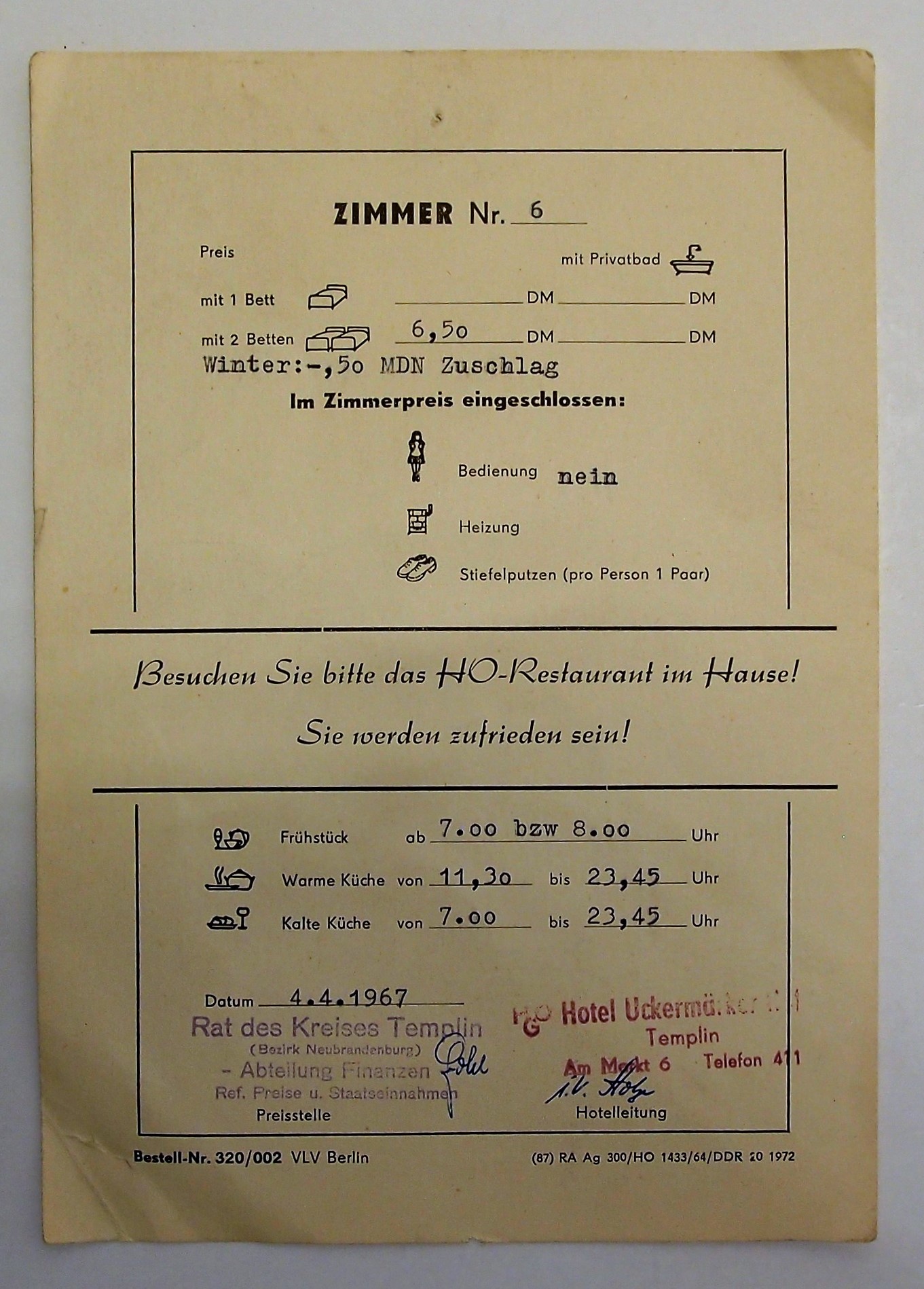 Hotelkarte "Uckermärker Hof" Templin (Museum für Stadtgeschichte Templin CC BY-NC-SA)