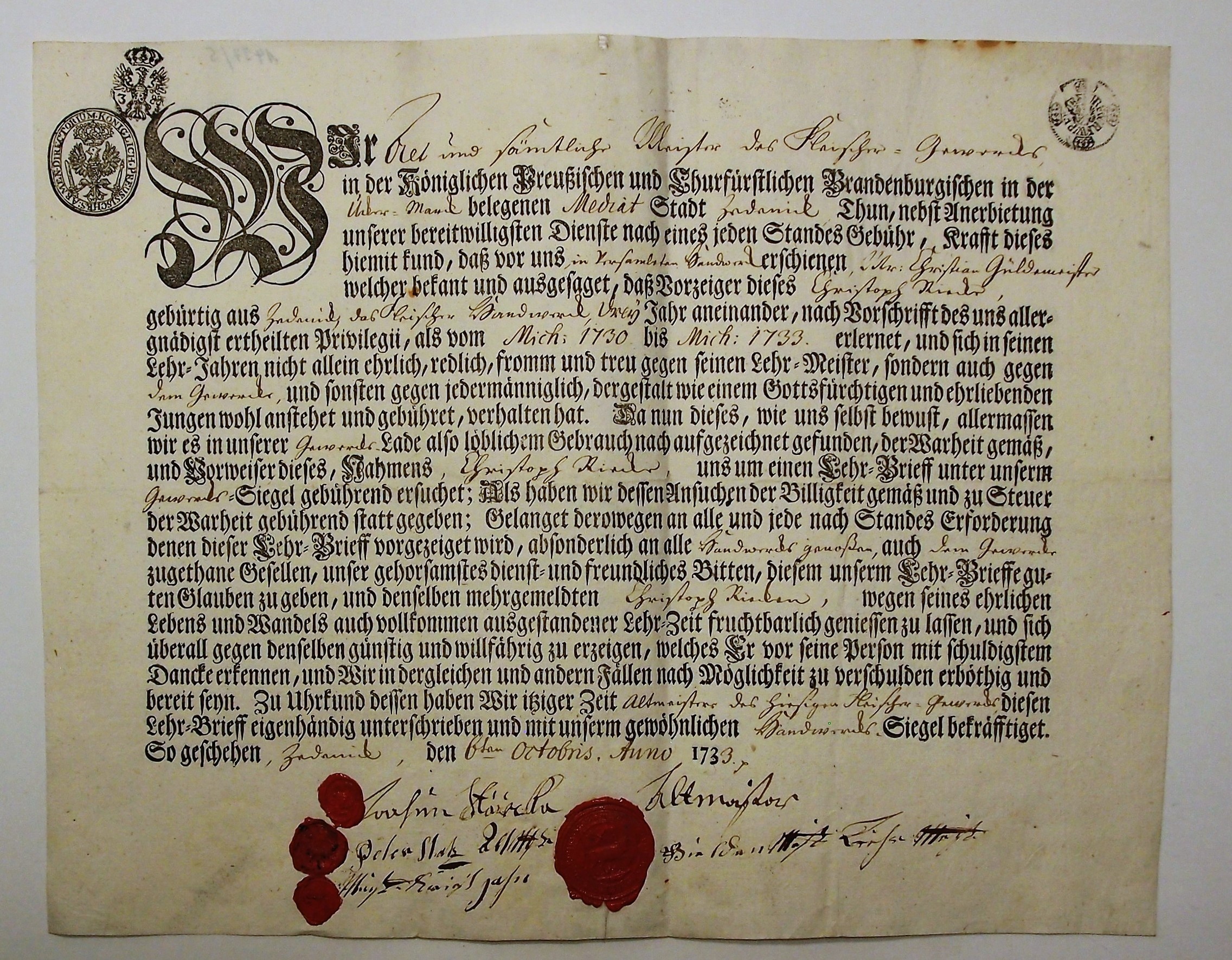 Lehrbrief Christoph Riecken 1733 (Museum für Stadtgeschichte Templin CC BY-NC-SA)