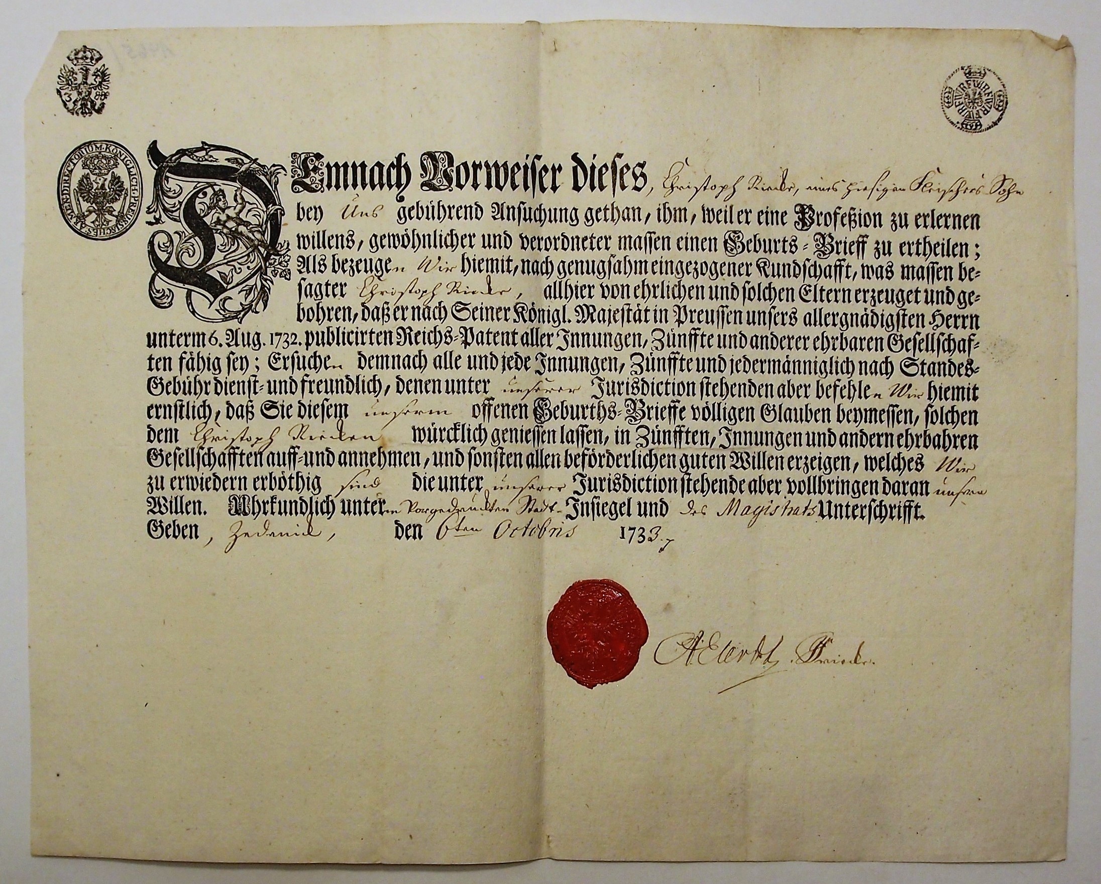 Geburtsbrief Christopf Riecken (Museum für Stadtgeschichte Templin CC BY-NC-SA)