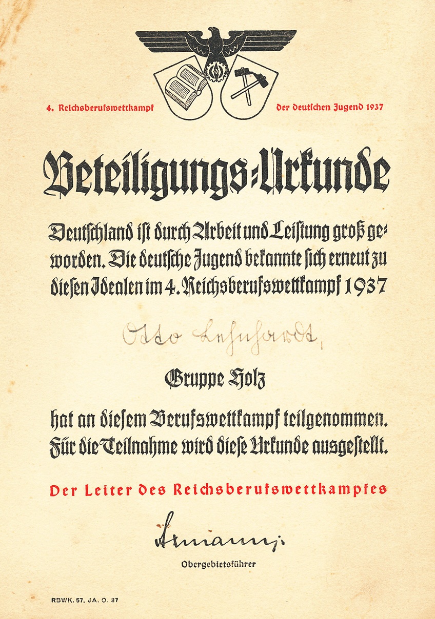 Beteiligungsurkunde am Reichsberufswettkampf 1937 (Dorfmuseum Tremmen CC BY-NC-SA)