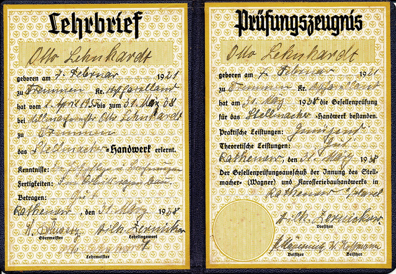 Lehrbrief  Prüfungszeugnis vom 31. März 1938 für Otto Lehnhardt (Dorfmuseum Tremmen CC BY-NC-SA)