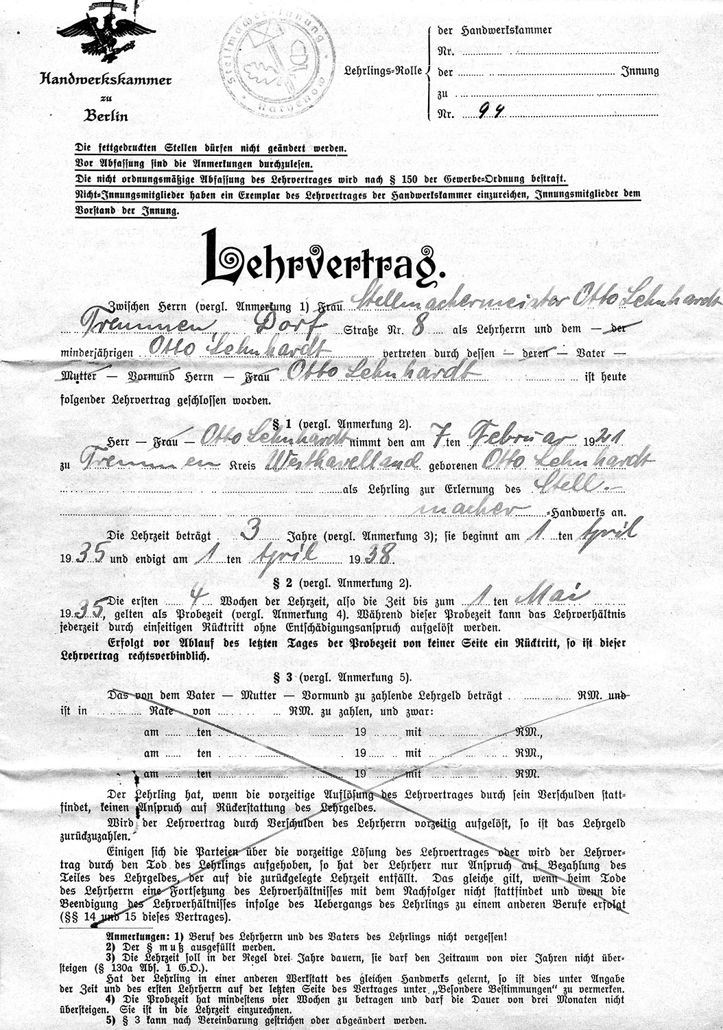 Lehrvertrag Stellmacherlehre. vom 1. April 1935 (Dorfmuseum Tremmen CC BY-NC-SA)