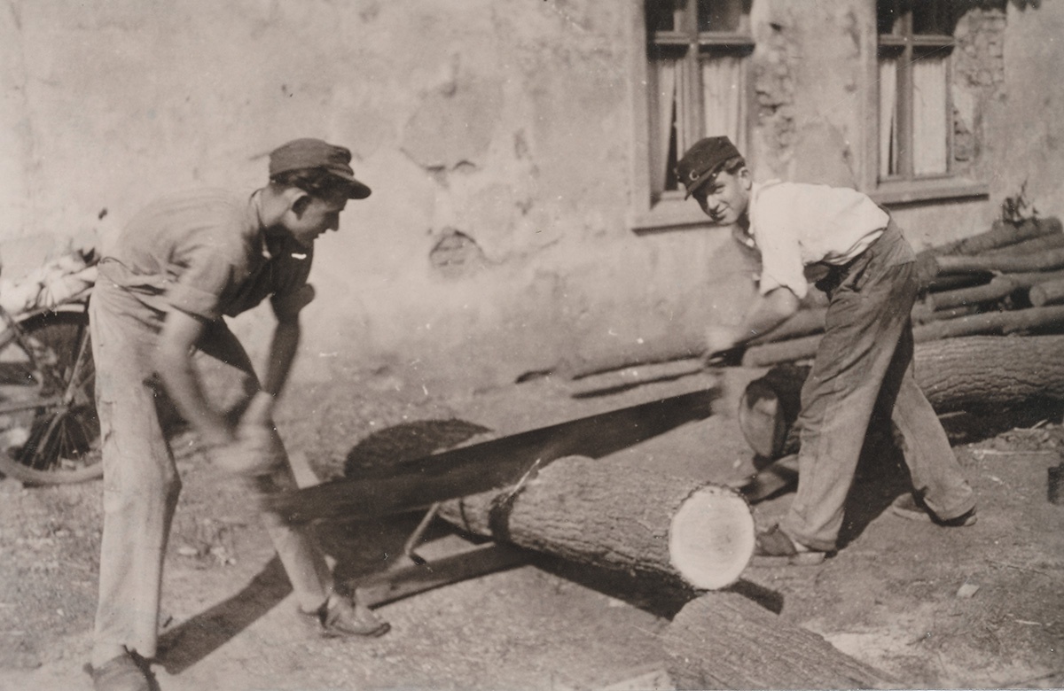 Lehrlinge der Stellmacherei Lehnhardt Tremmen beim Brennholzsägen. (Dorfmuseum Tremmen CC BY-NC-SA)