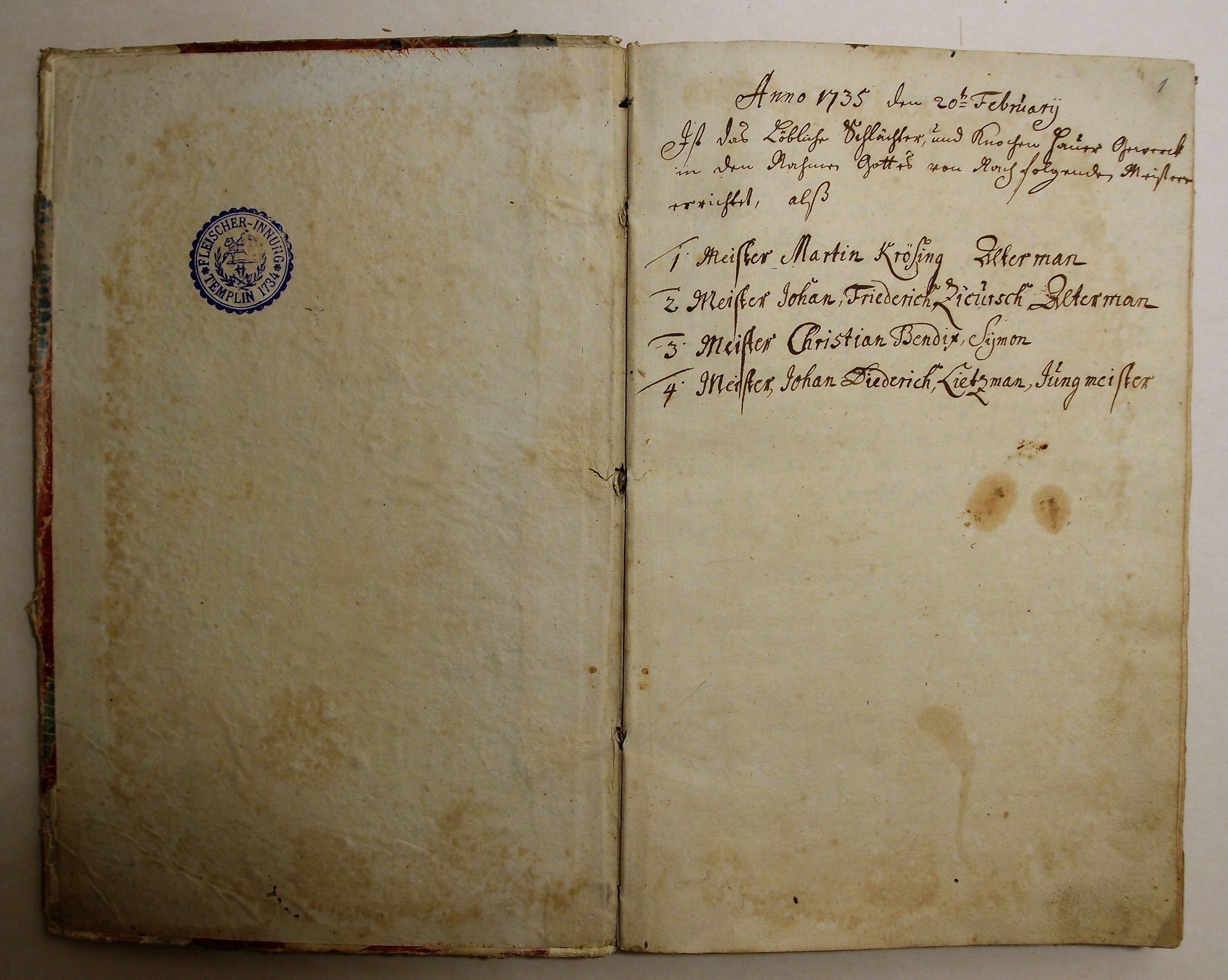 Buch des Schlächter und Knochen Hauer Gewercks Templin 1735 (Museum für Stadtgeschichte Templin CC BY-NC-SA)