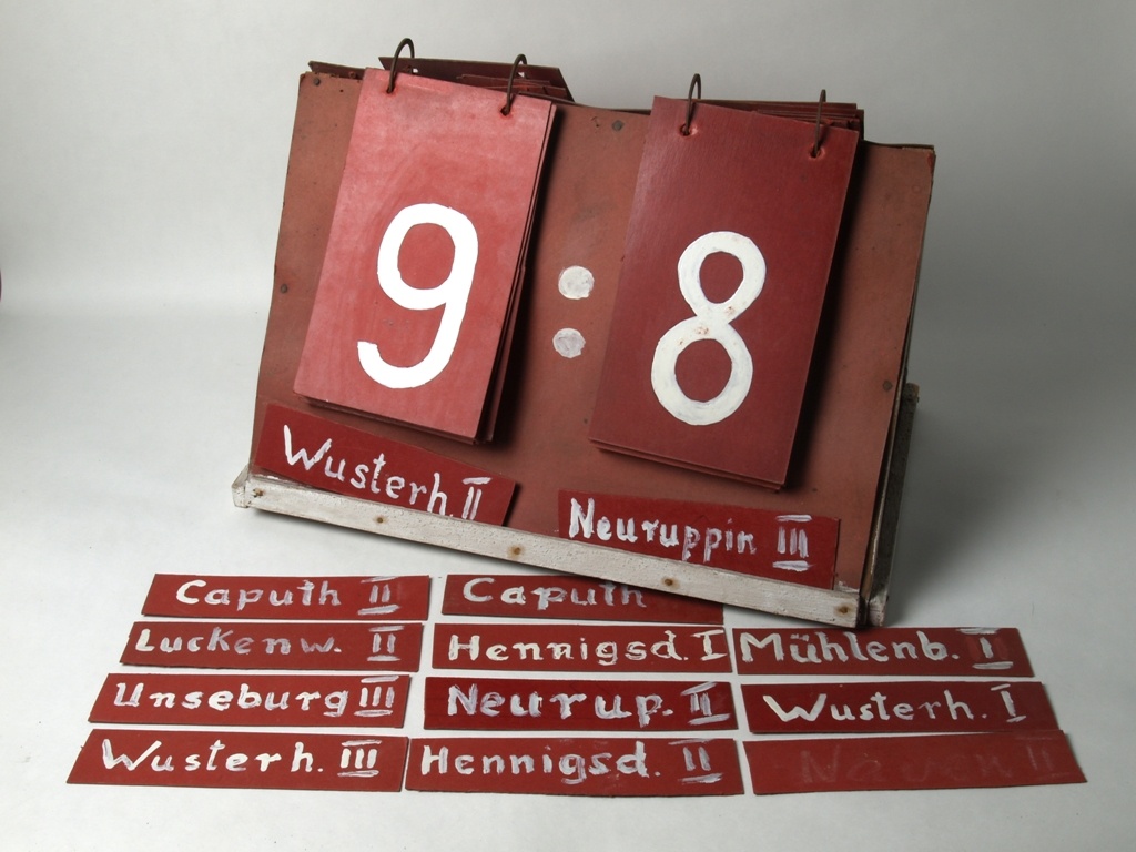 Punktestandanzeigetafel mit Radball-Manschaftsnamen-Tafeln (Wegemuseum Wusterhausen/Dosse CC BY-NC-SA)