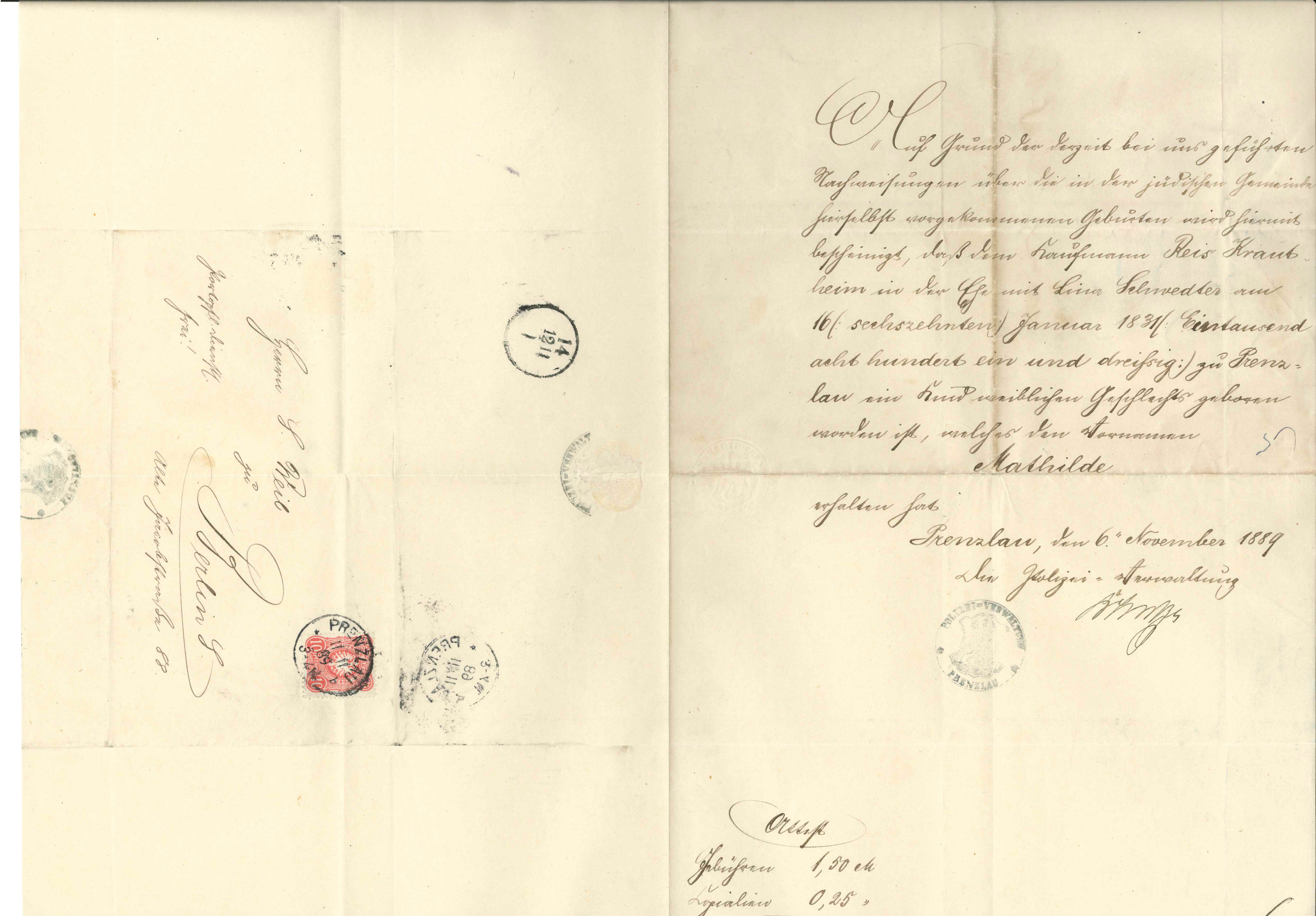 Bestätigung Geburt Mathilde Krautheim am 16.01.1831 (KTL CC BY-NC-SA)