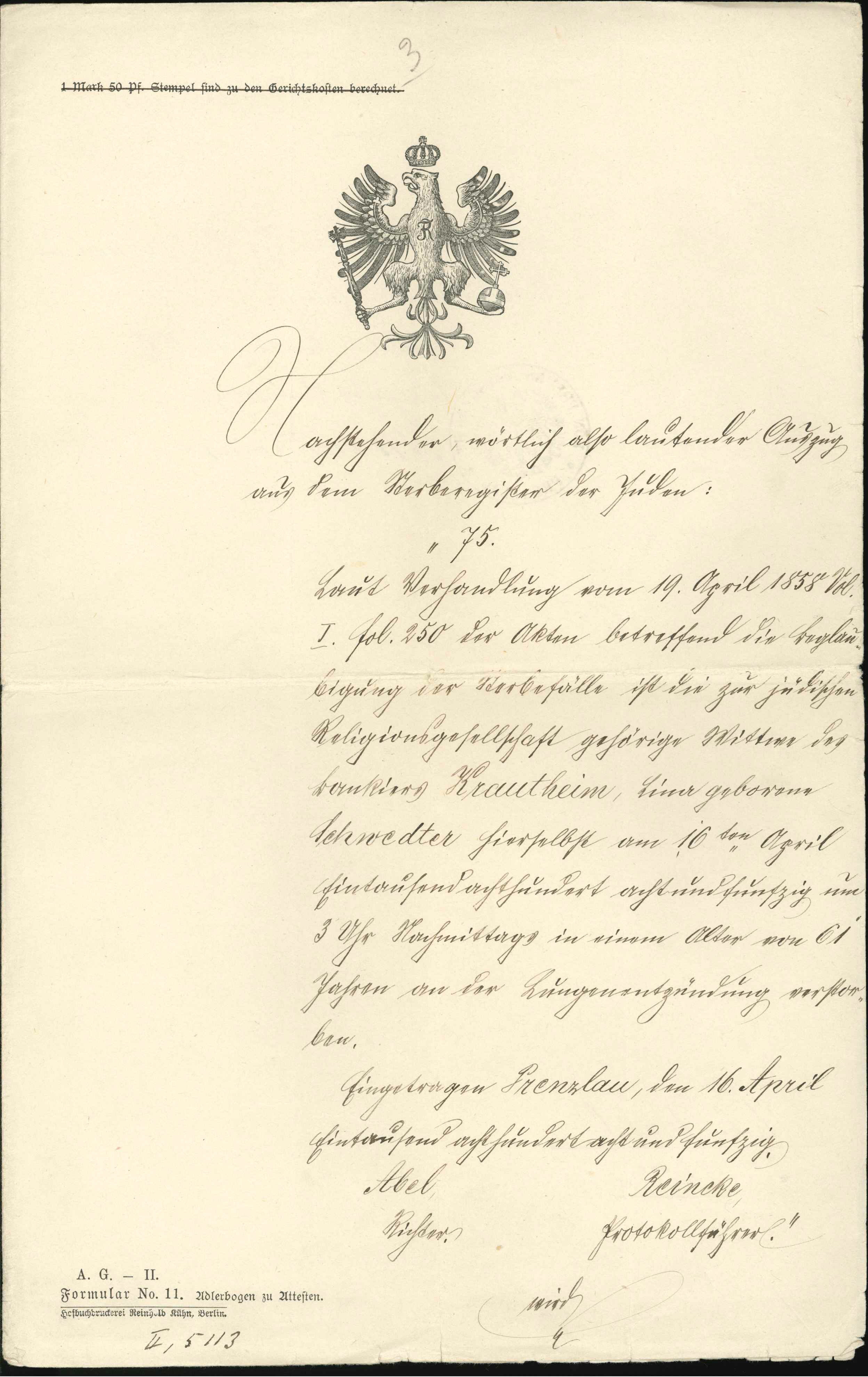 Auszug Sterberegister Lina Krautheim 16.04.1858 (KTL CC BY-NC-SA)