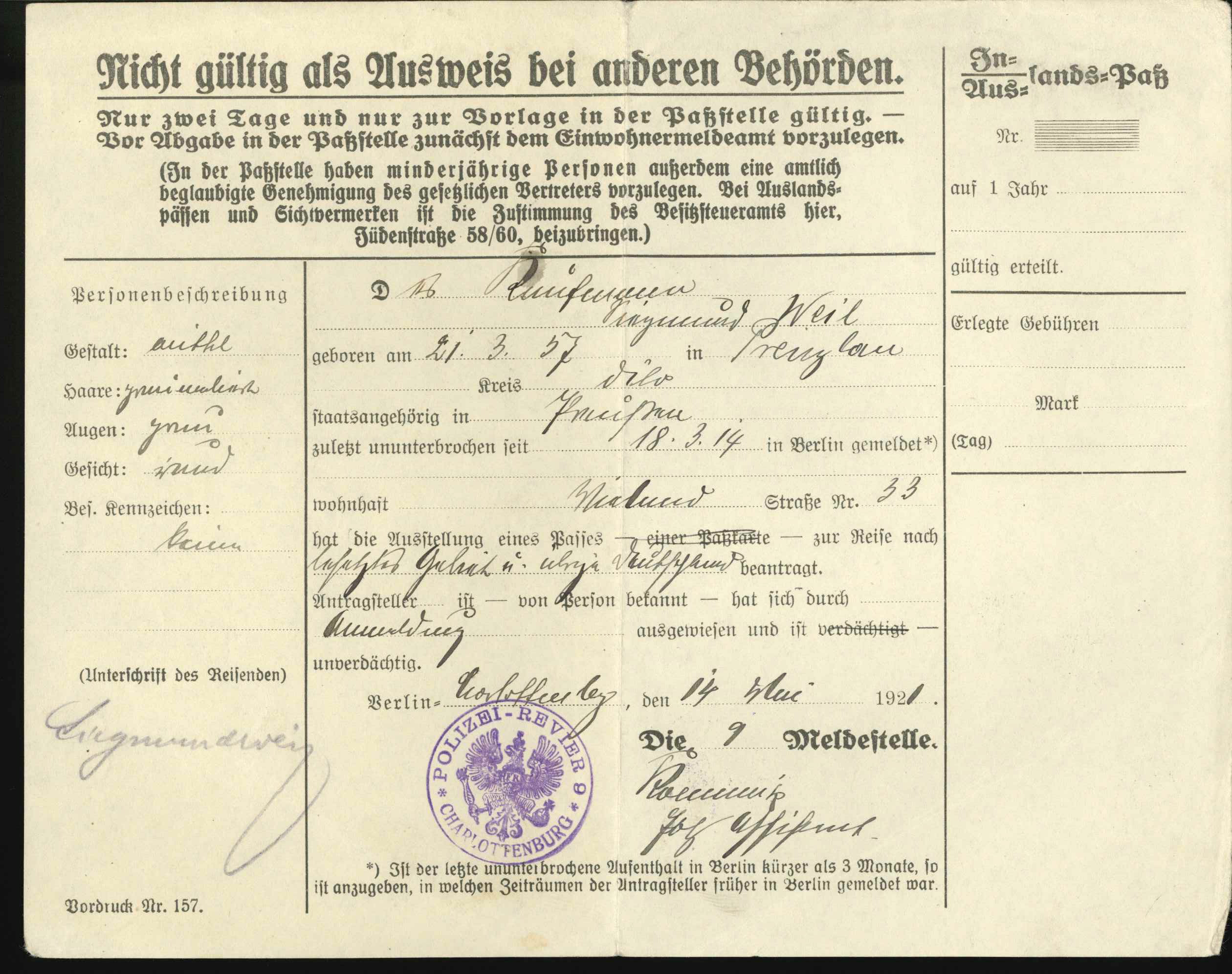 Antrag für Auslandspass für Siegmund Weil, 1921 (KTL CC BY-NC-SA)