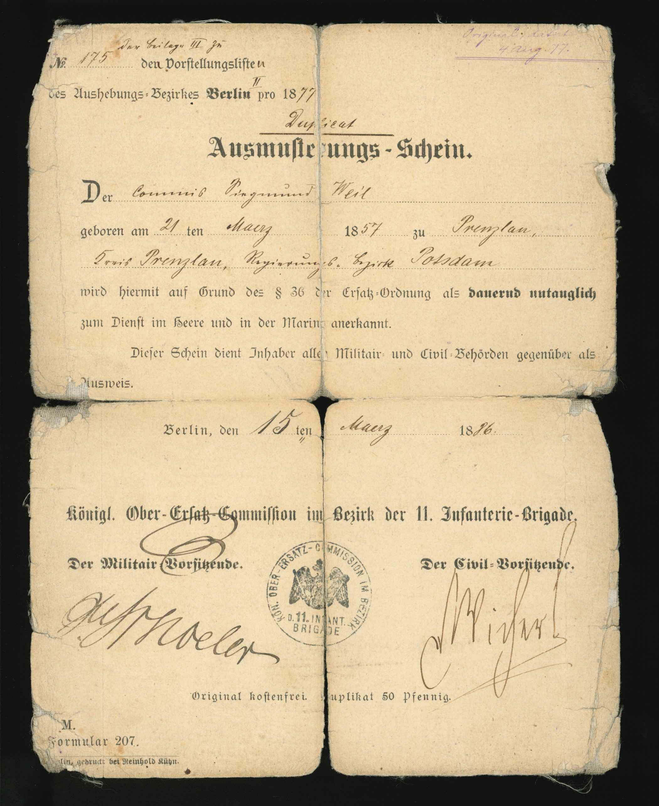 Ausmusterungsschein für Siegmund Weil 1877 (Kurt Tucholsky Literaturmuseum CC BY-NC-SA)