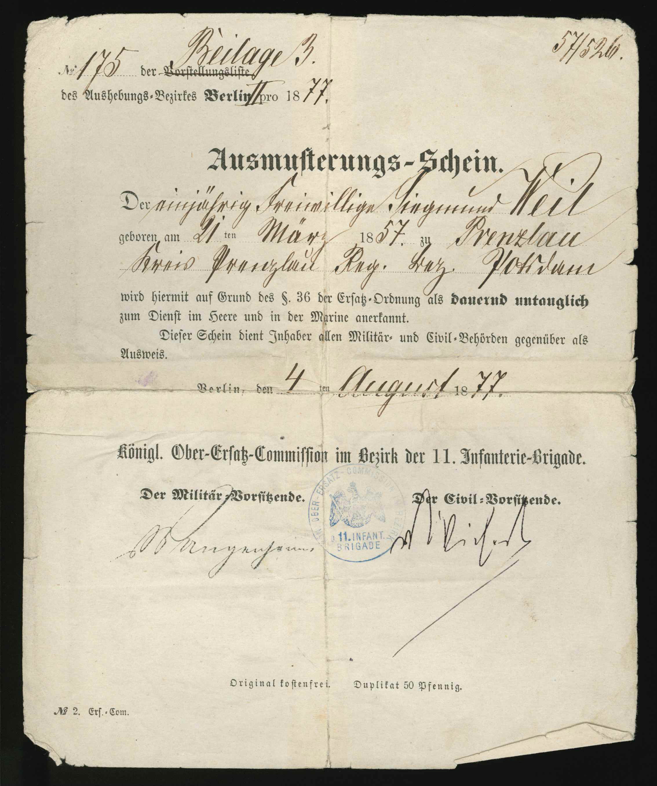 Ausmusterungsschein für Siegmund Weil 1886 (KTL CC BY-NC-SA)