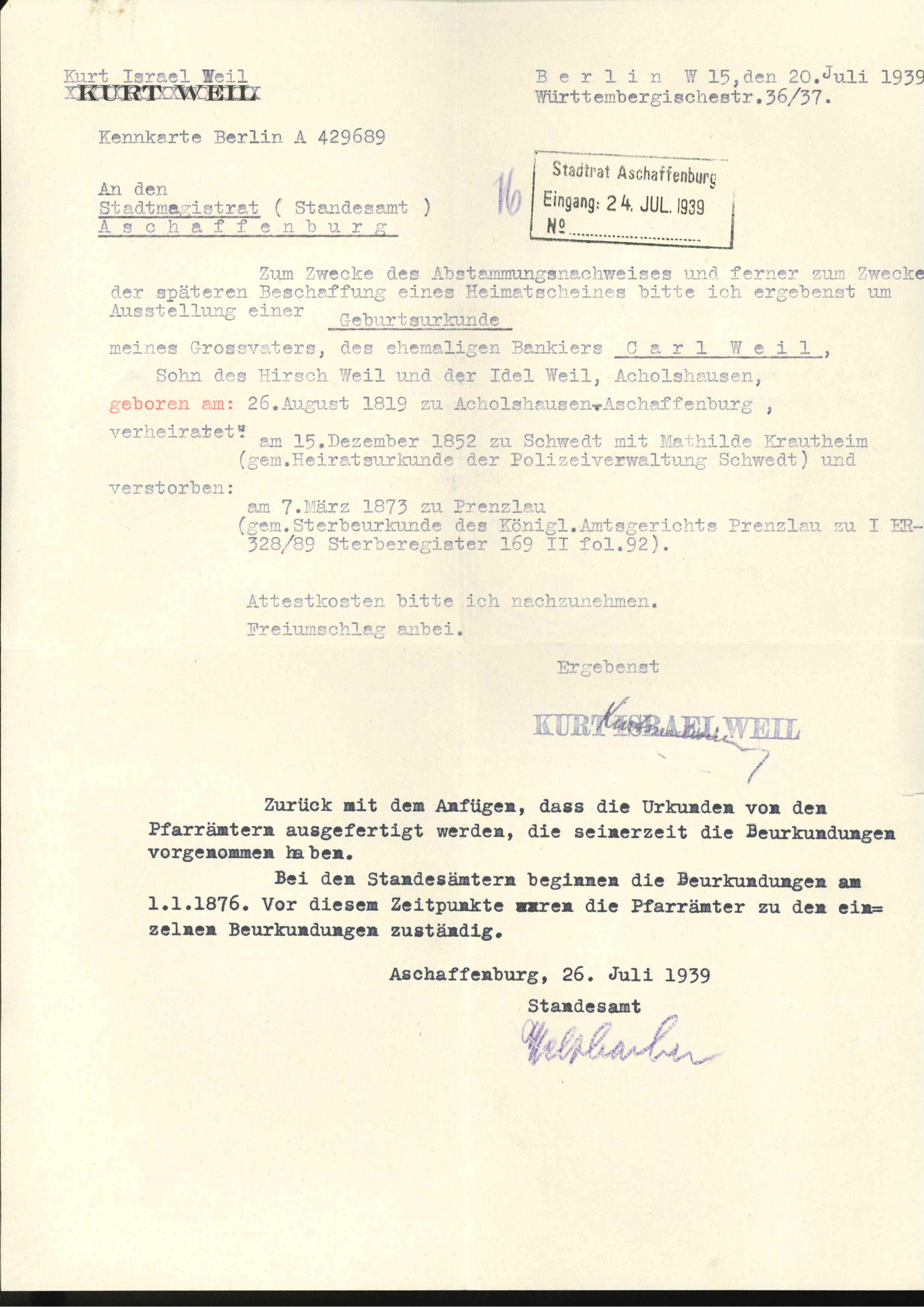Bitte an den Stadtrat Aschaffenburg um Geburtsurkunde von Carl Weil 1939 (KTL CC BY-NC-SA)