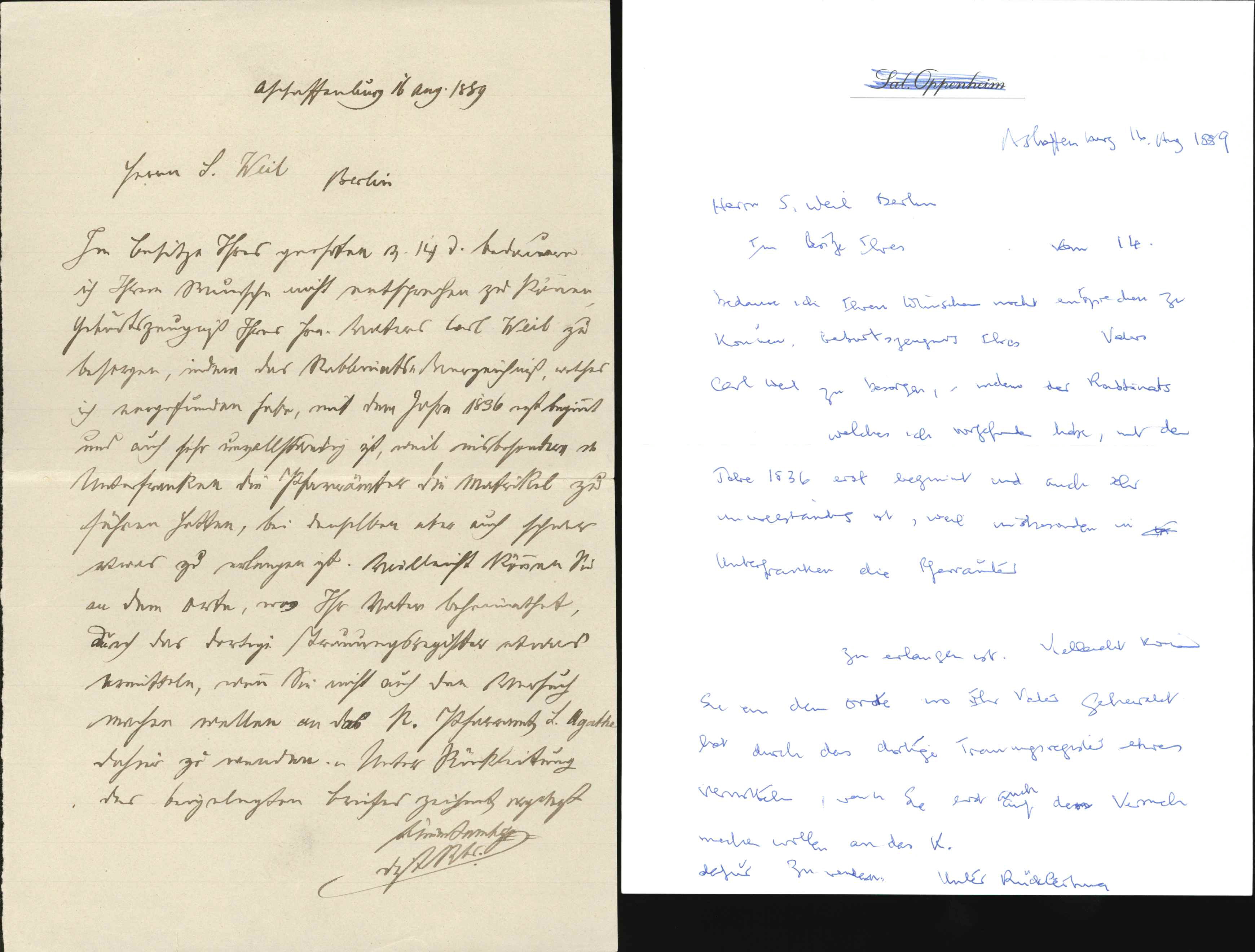 Absage-Schreiben an Siegmund Weil, Aschaffenburg 1889 (KTL CC BY-NC-SA)