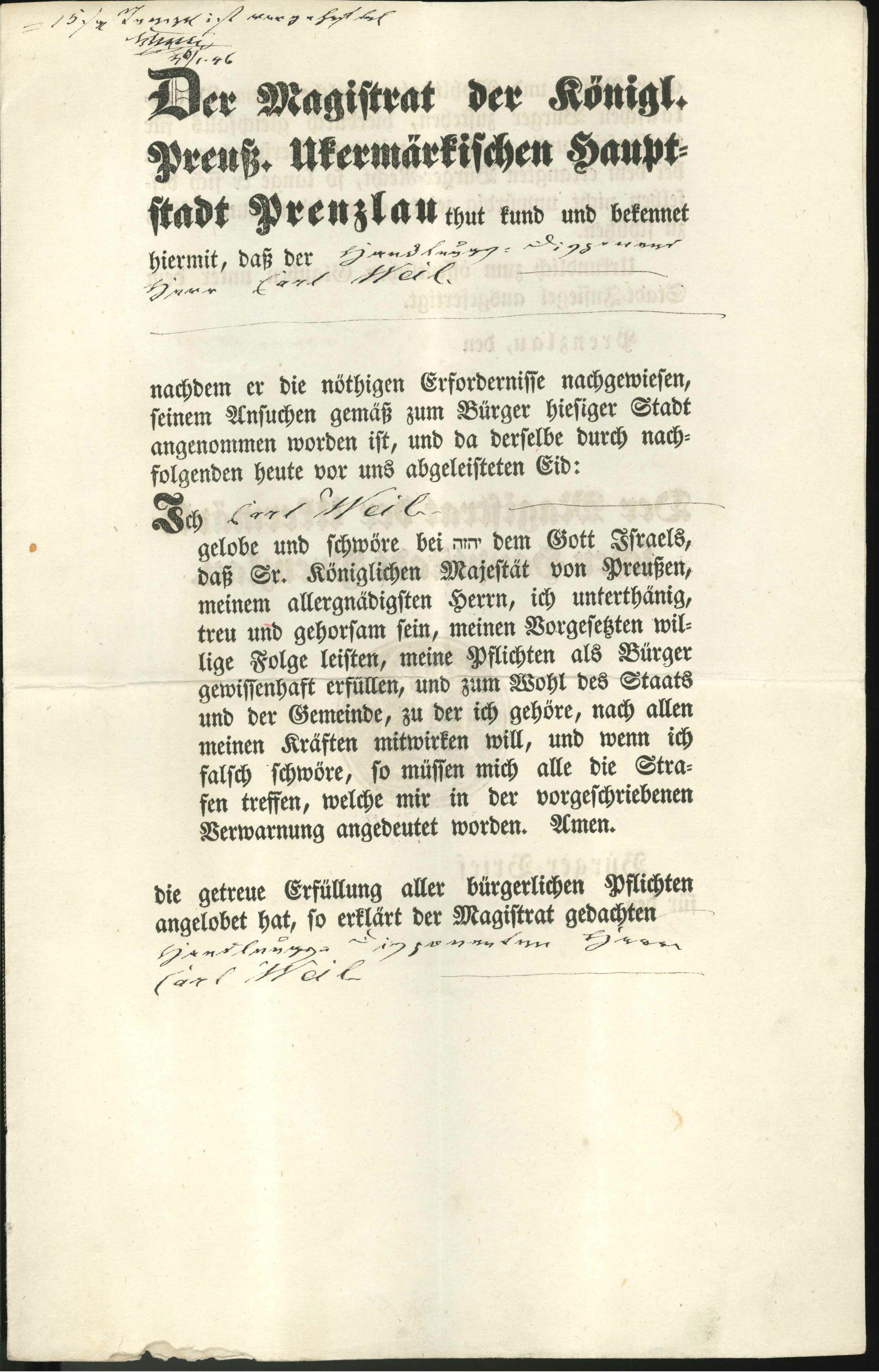 Bürgerbrief für den Handlungs-Disponenten Carl Weil, 1846 (KTL CC BY-NC-SA)