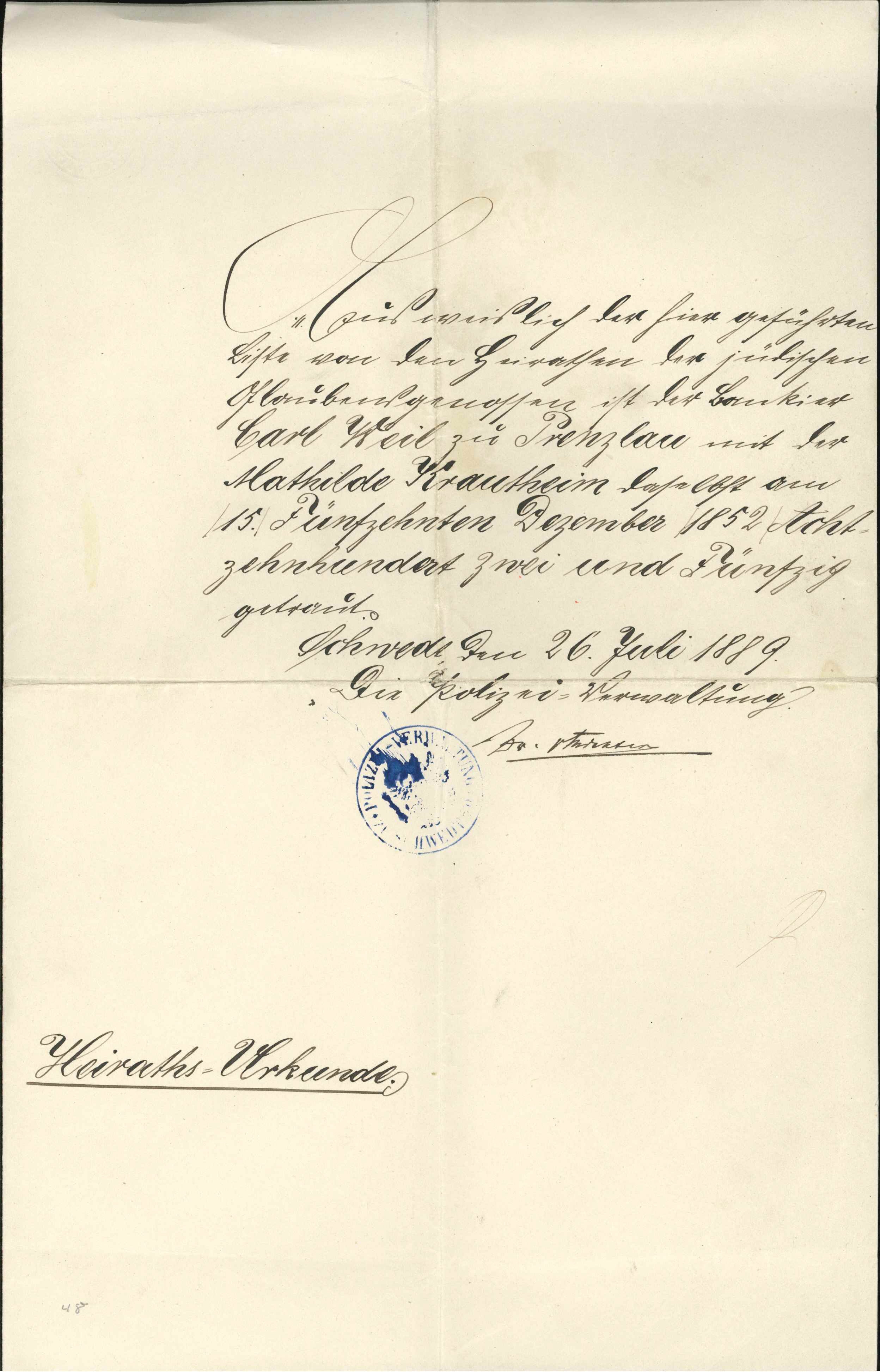 Bestätigung der Heirat 1852 für Carl Weil und Mathilde Krautheim, 1889 (KTL CC BY-NC-SA)