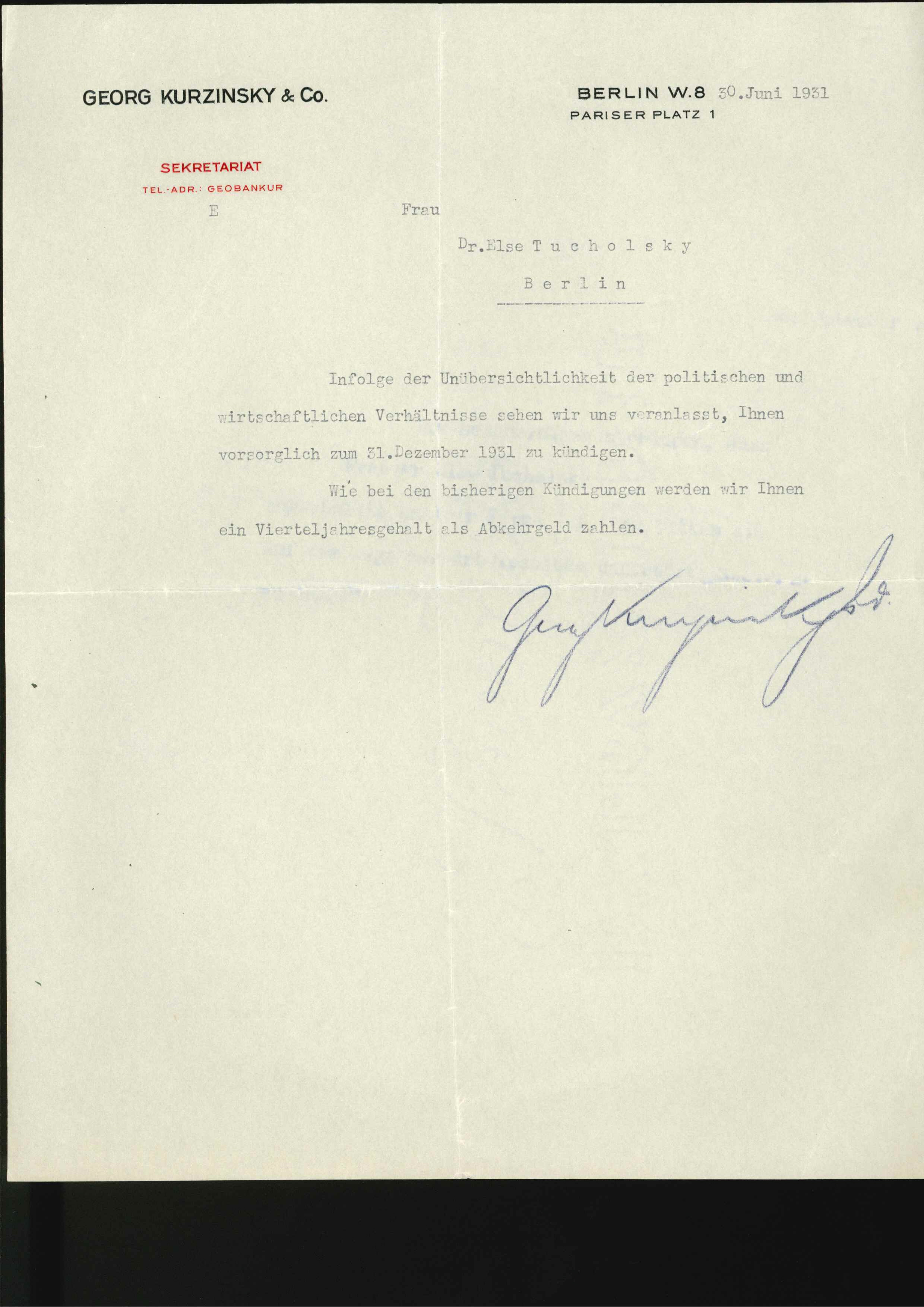 Kündigung für Else Tucholsky zum 31.12.1931, Georg Kurzinsky & Co. (KTL CC BY-NC-SA)