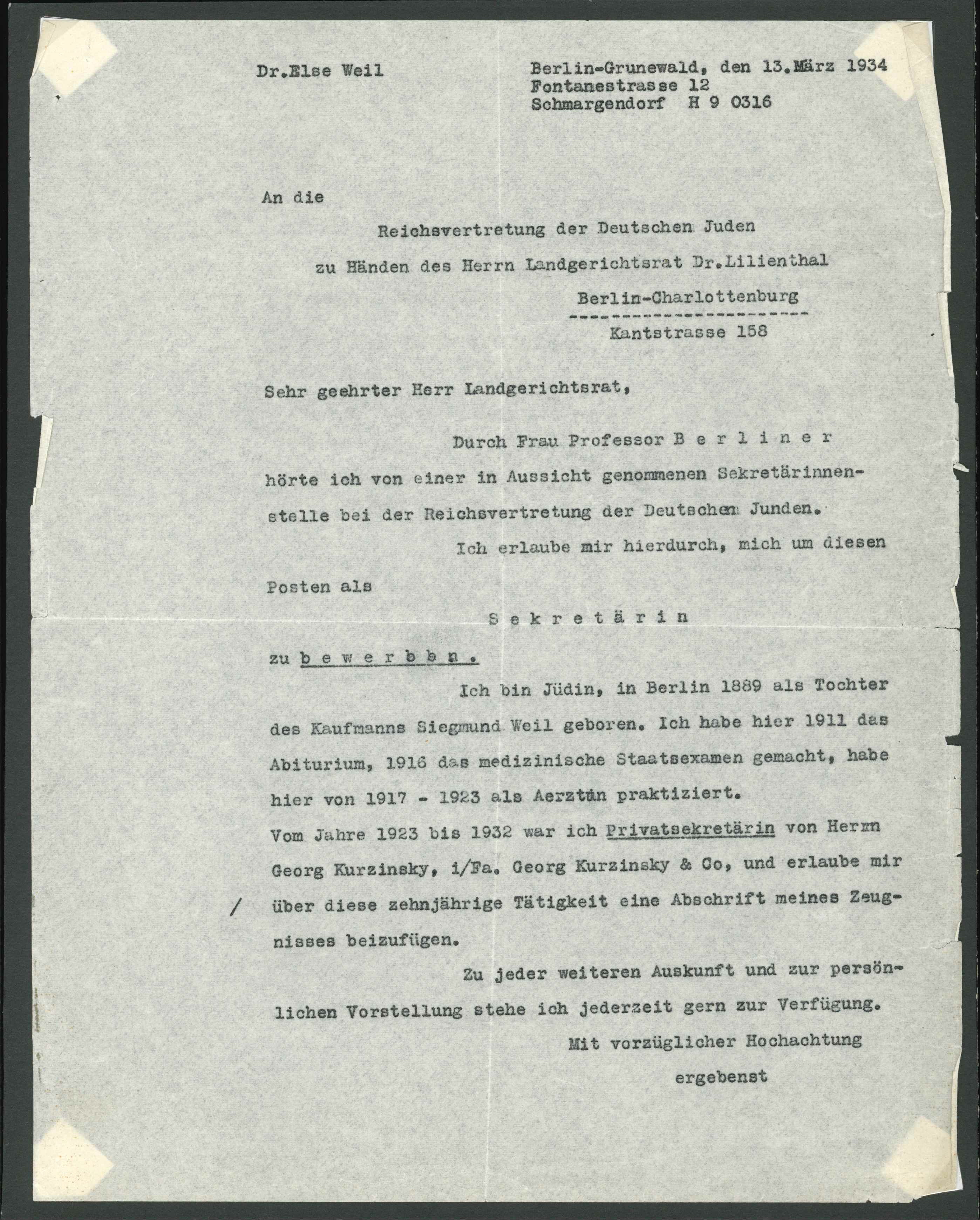 Bewerbung für Reichsvertretung der Deutschen Juden, Else Weil 1934 (KTL CC BY-NC-SA)