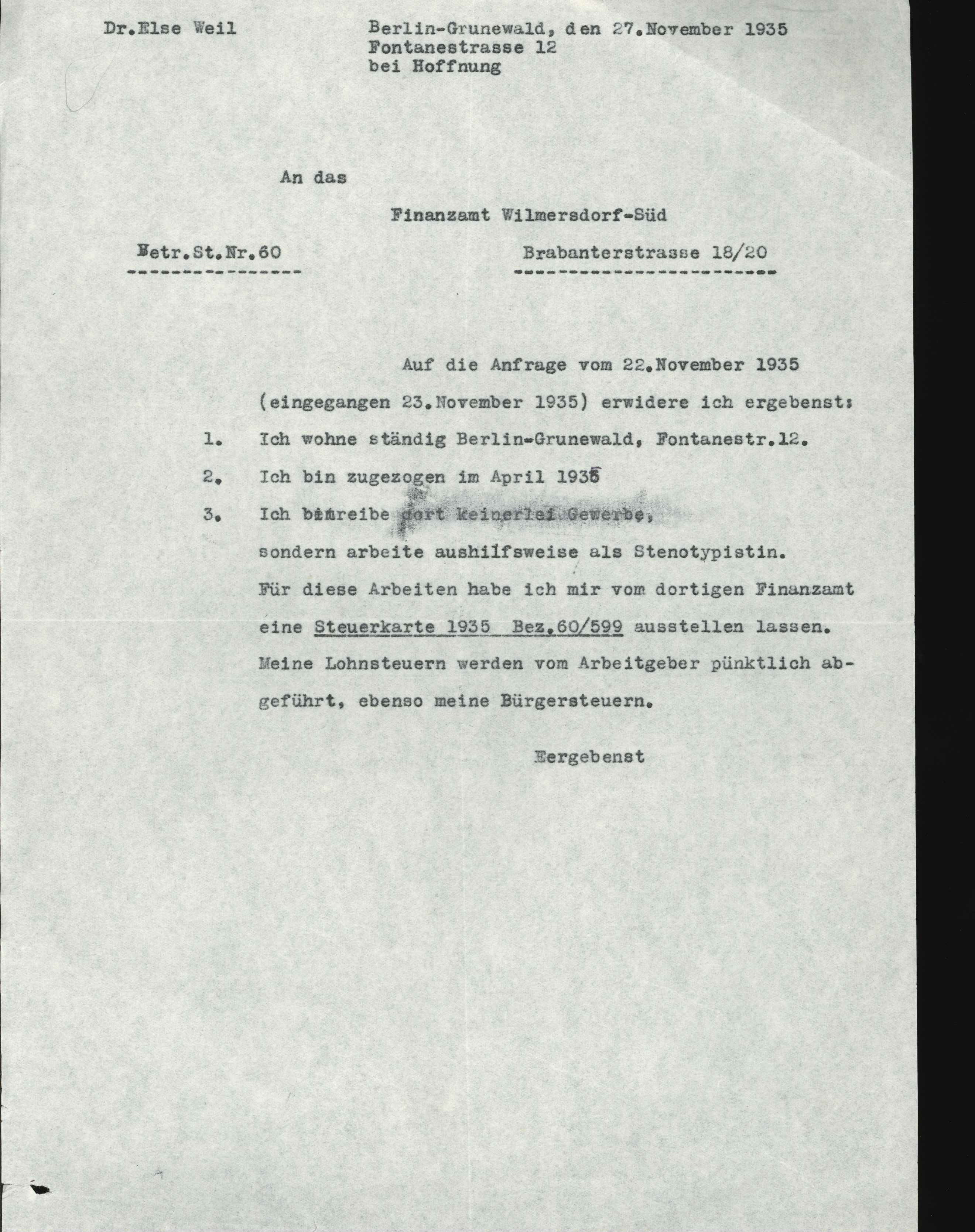 Schreiben an Finanzamt Wilmersdorf-Süd, Else Weil 1935 (KTL CC BY-NC-SA)