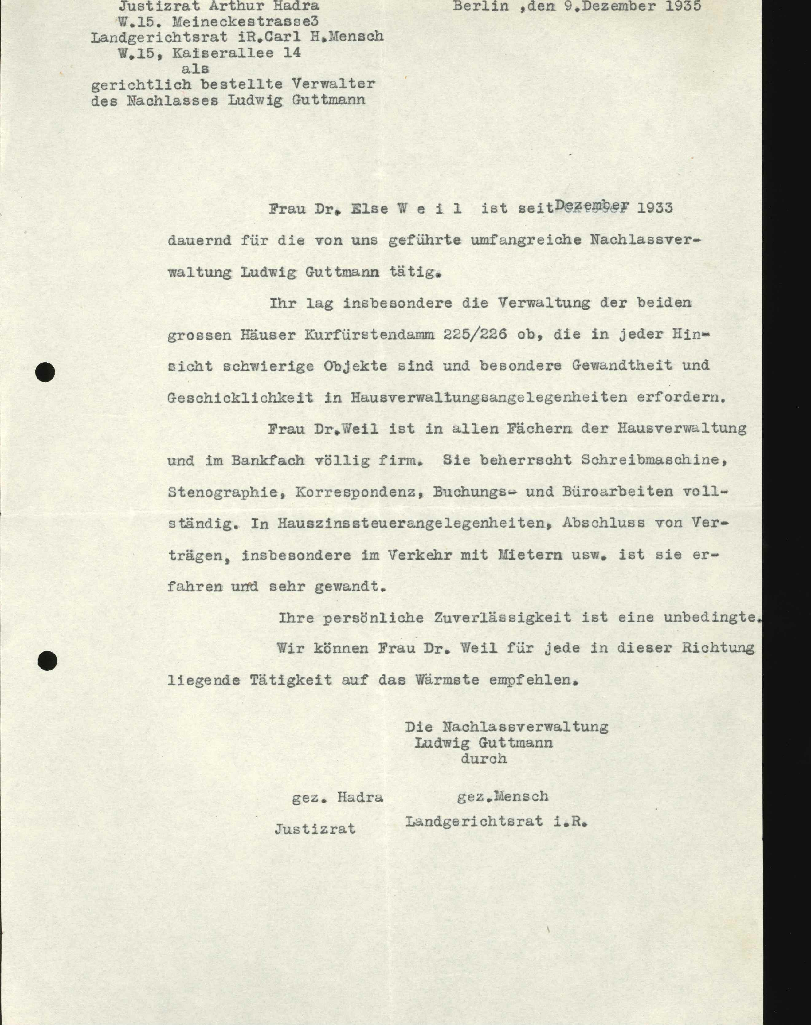 Empfehlung / Zeugnis für Else Weil, Nachlassverwaltung Ludwig Guttmann 1935 (KTL CC BY-NC-SA)
