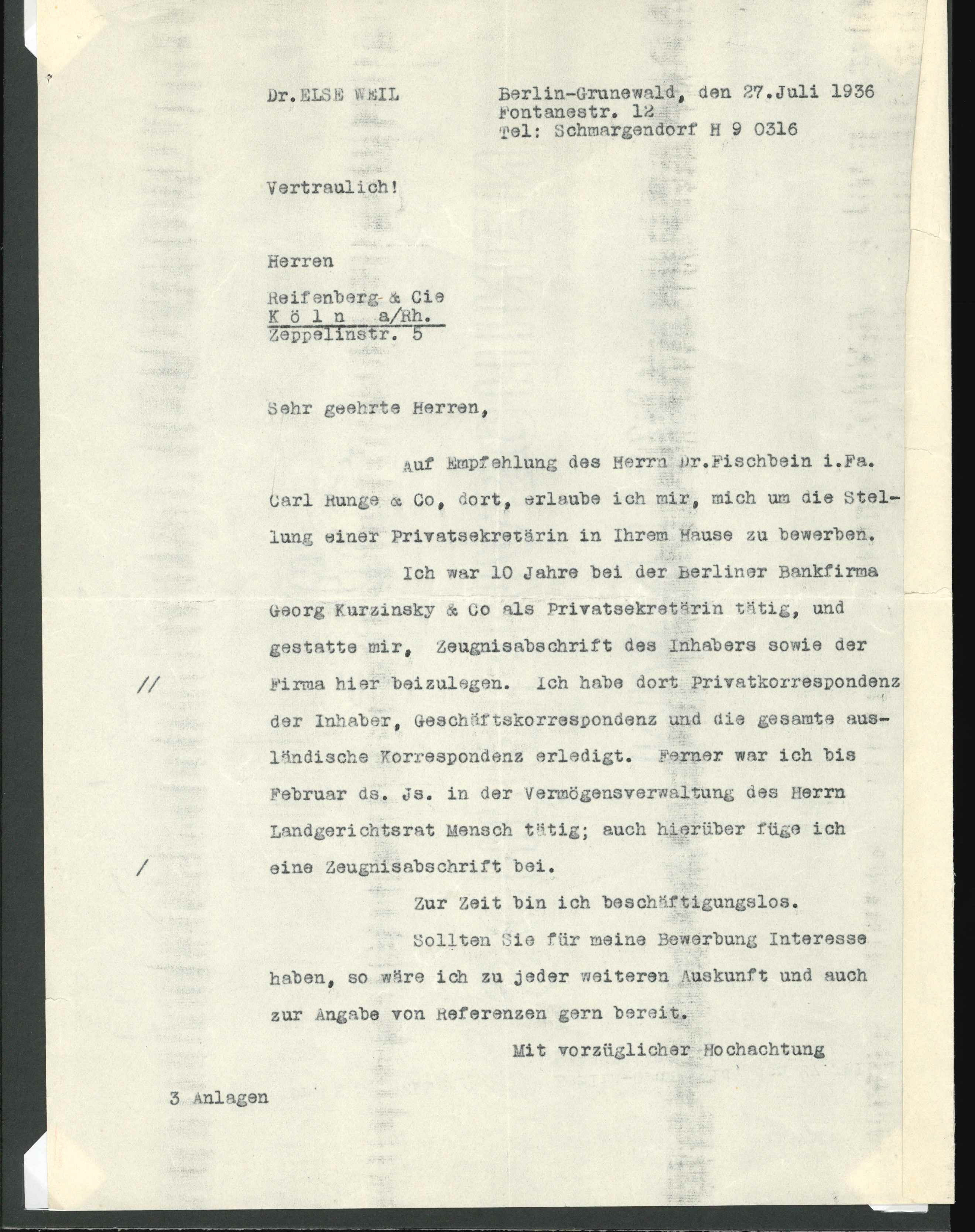 Bewerbung als Privatsekretärin, Else Weil 1936 (KTL CC BY-NC-SA)