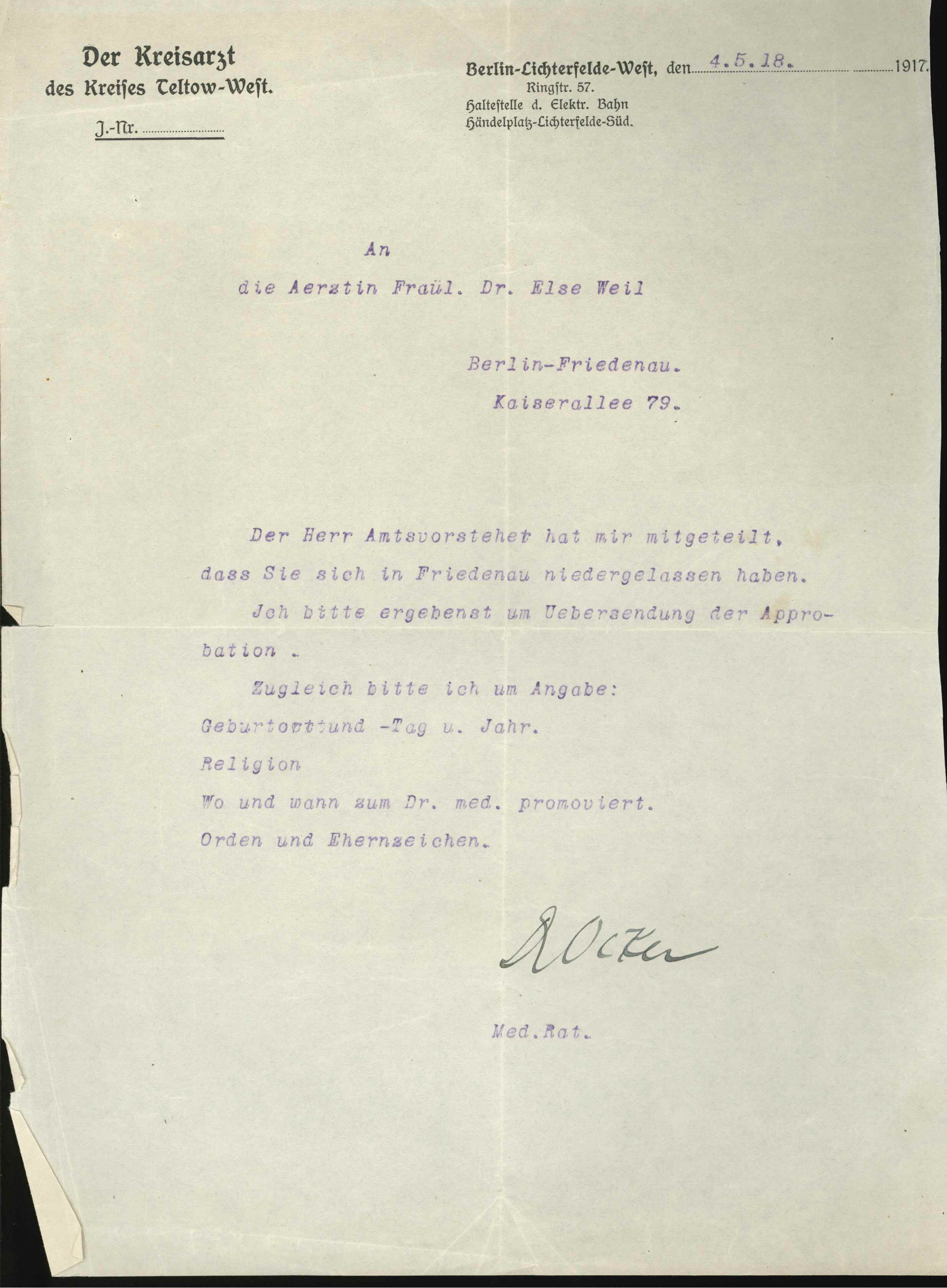 Brief vom Kreisarzt an Else Weil, Anfrage, 1918 (KTL CC BY-NC-SA)
