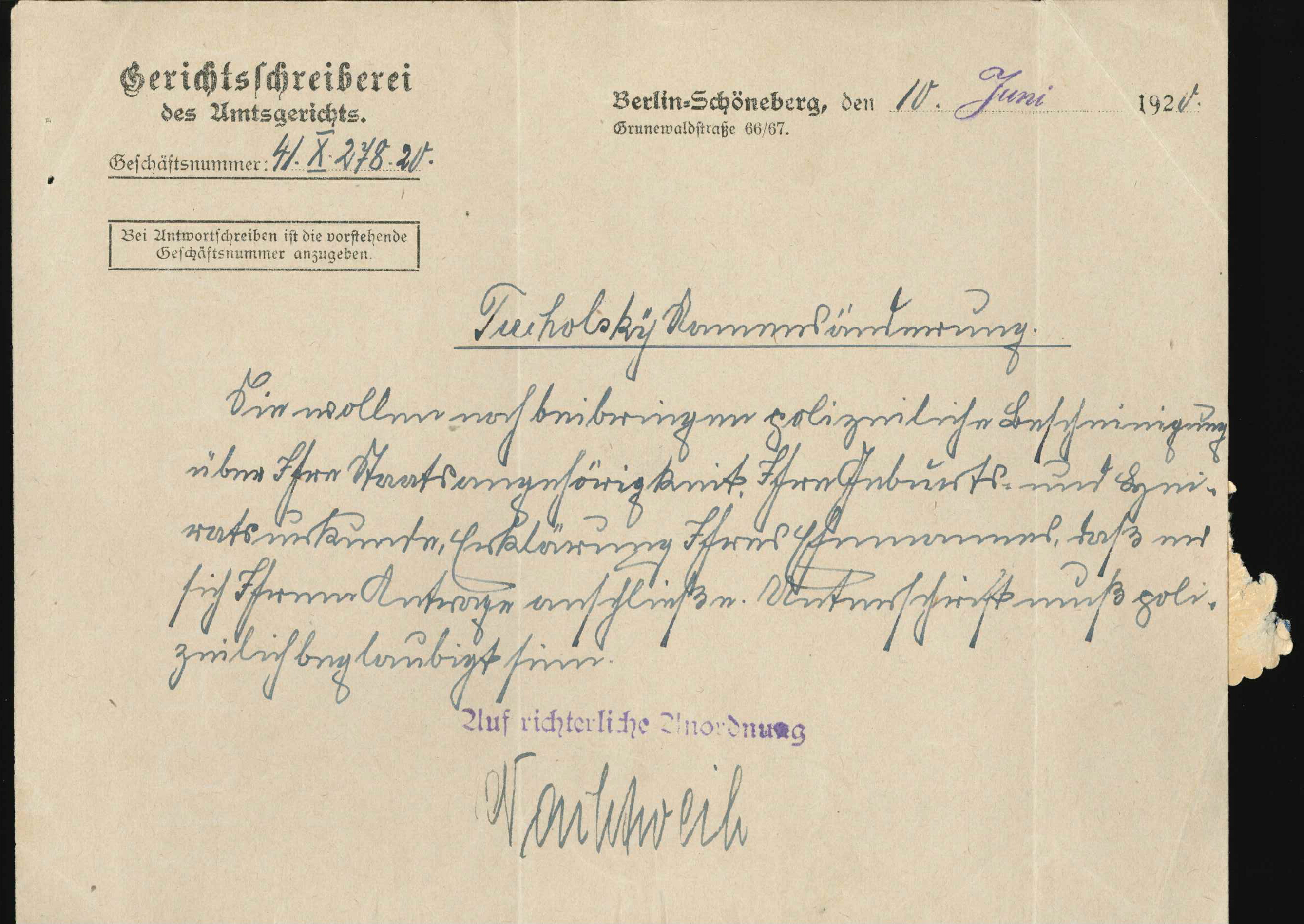 Kurzbrief der  Gerichtsschreiberei  des Amtsgerichts, Berlin 1920 (KTL CC BY-NC-SA)