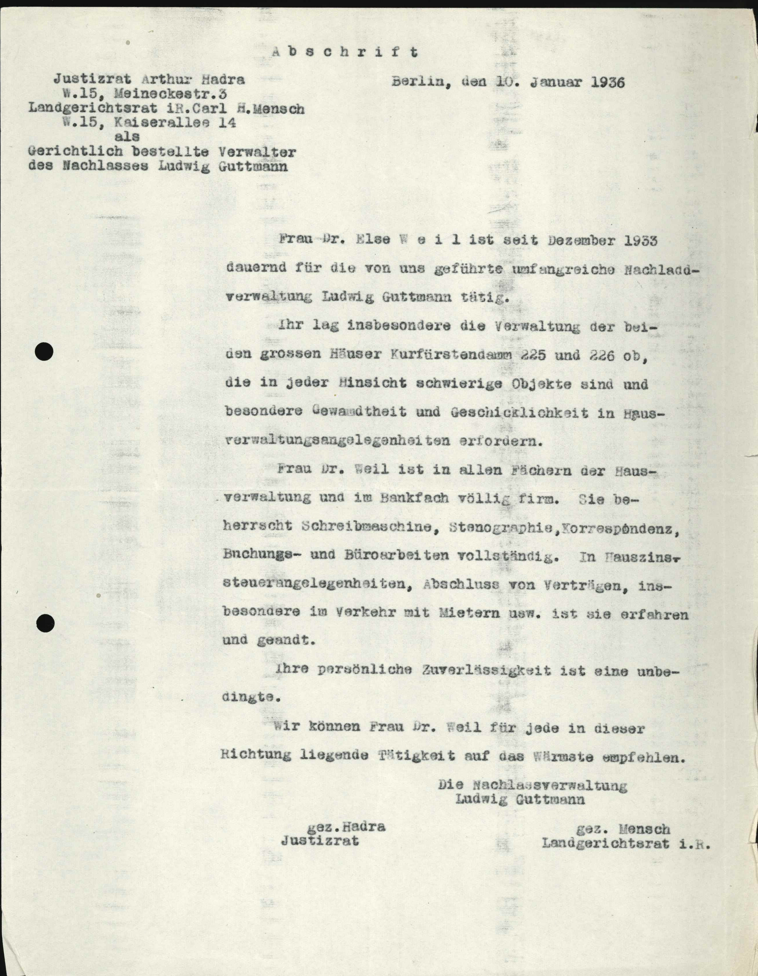 Arbeitszeugnis für Else Weil, Nachlassverwaltung Guttmann 1936 (KTL CC BY-NC-SA)
