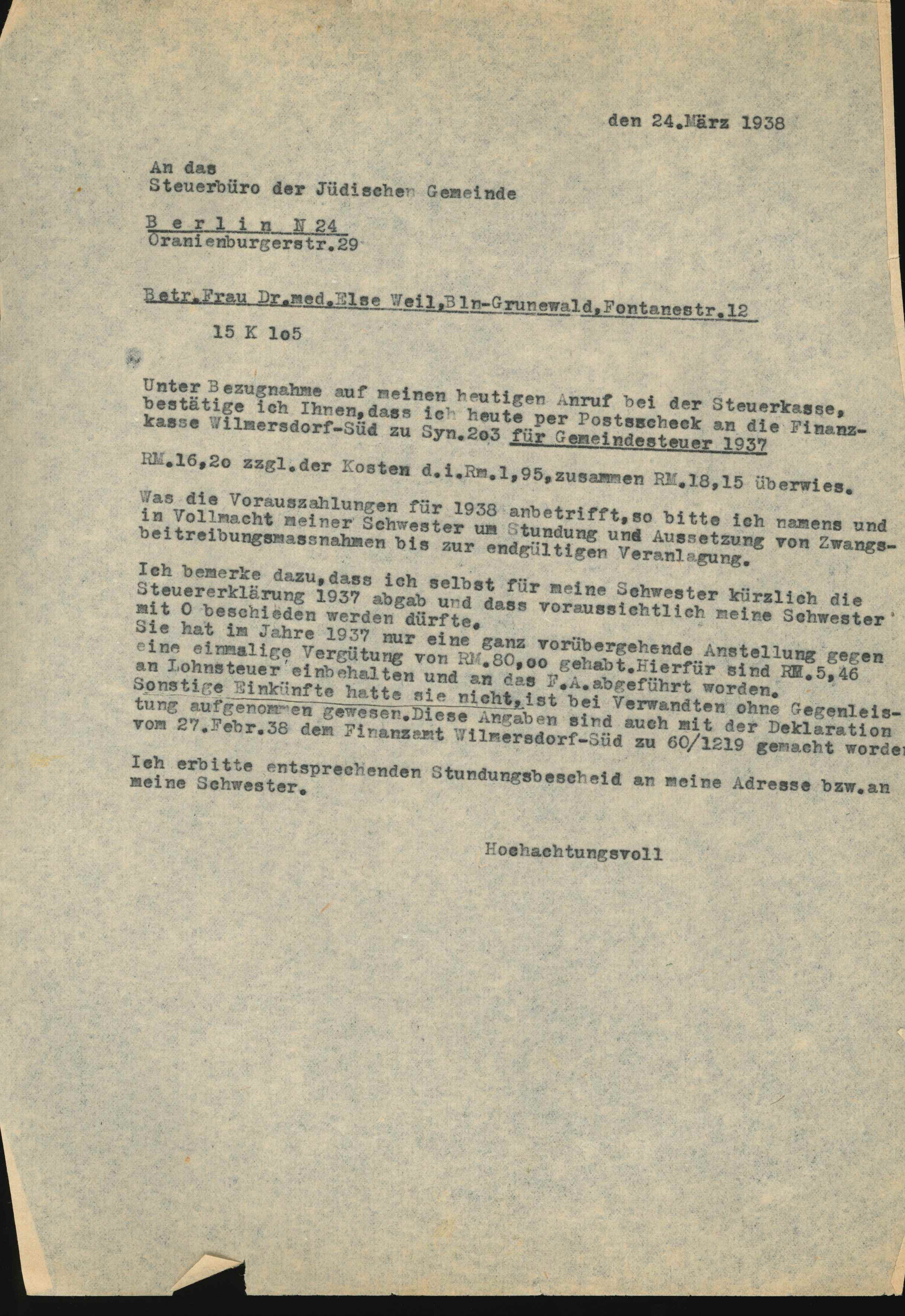 Brief an Steuerbüro der Jüdischen Gemeinde Berlin, Else Weil 1938 (KTL CC BY-NC-SA)