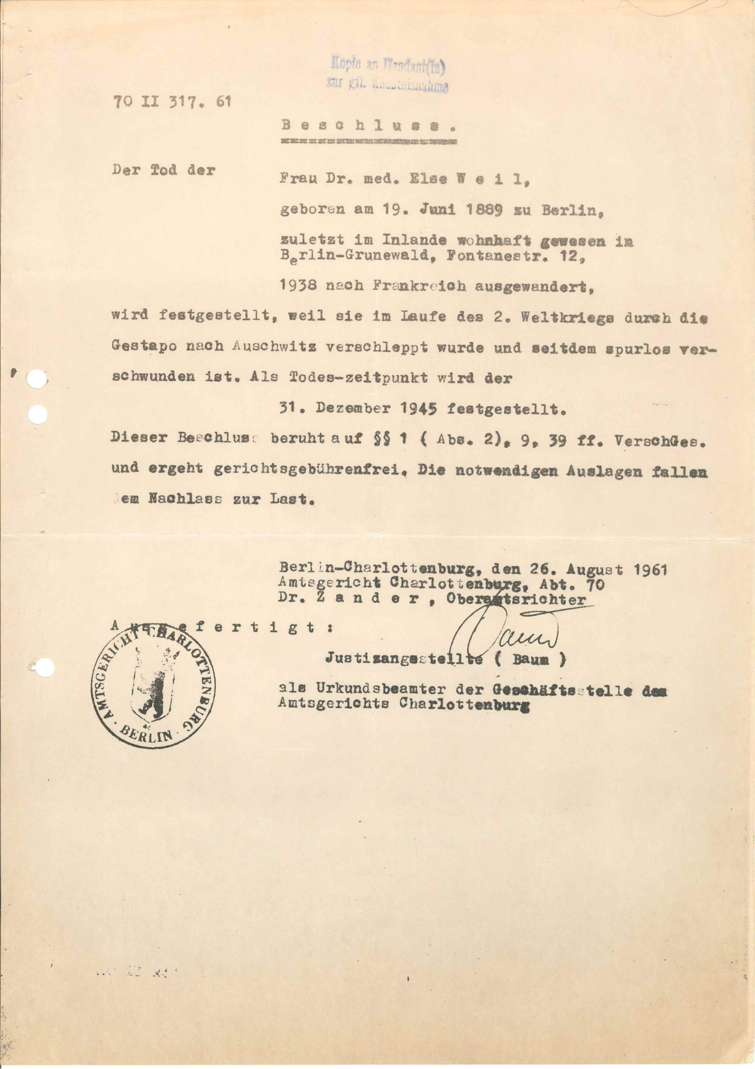 Todesurkunde für Else Weil, Beschluss des Amtsgerichts Charlottenburg 1961 (KTL CC BY-NC-SA)