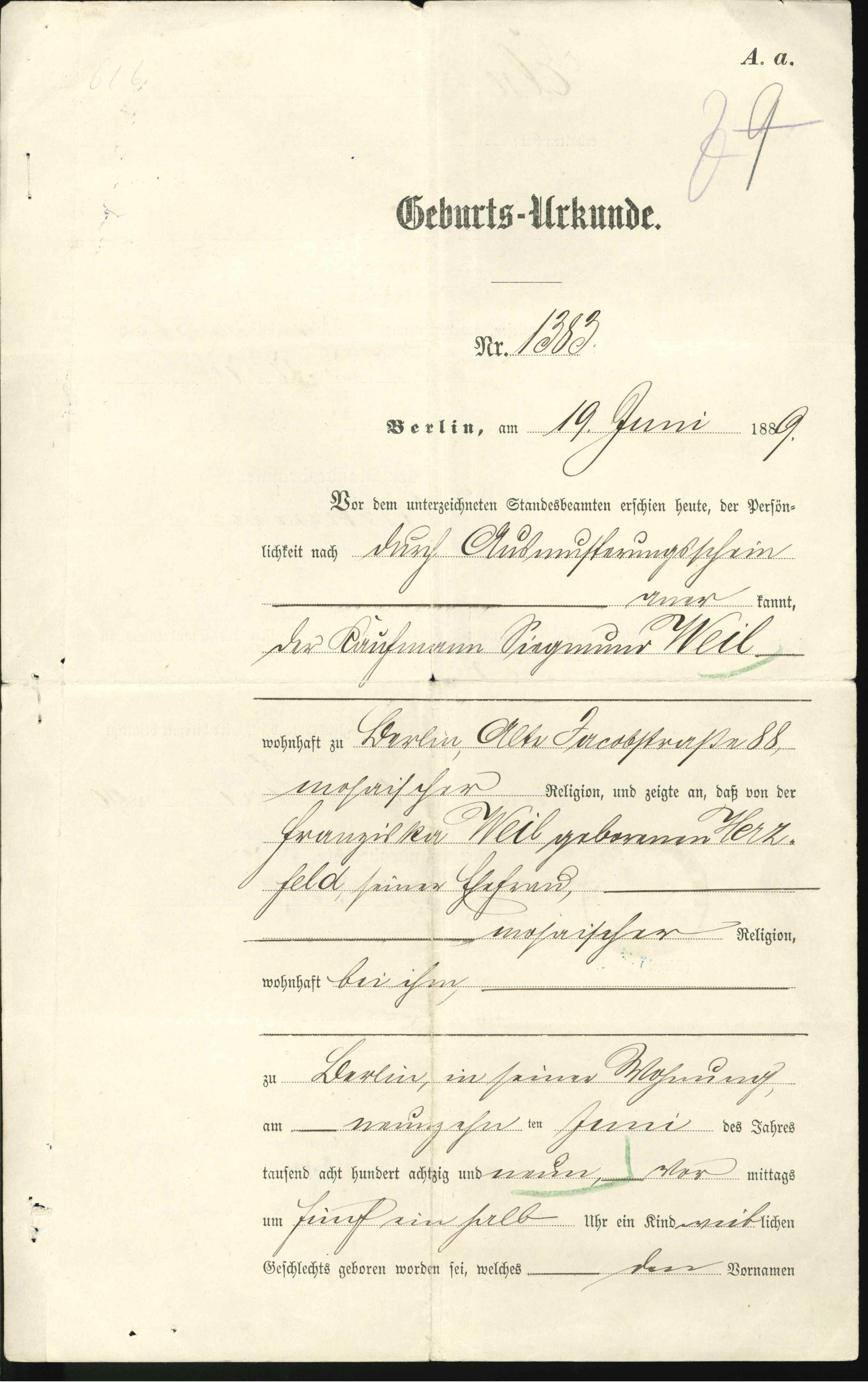 Geburtsurkunde von Else Weil, Berlin, 19.06.1889 (KTL CC BY-NC-SA)