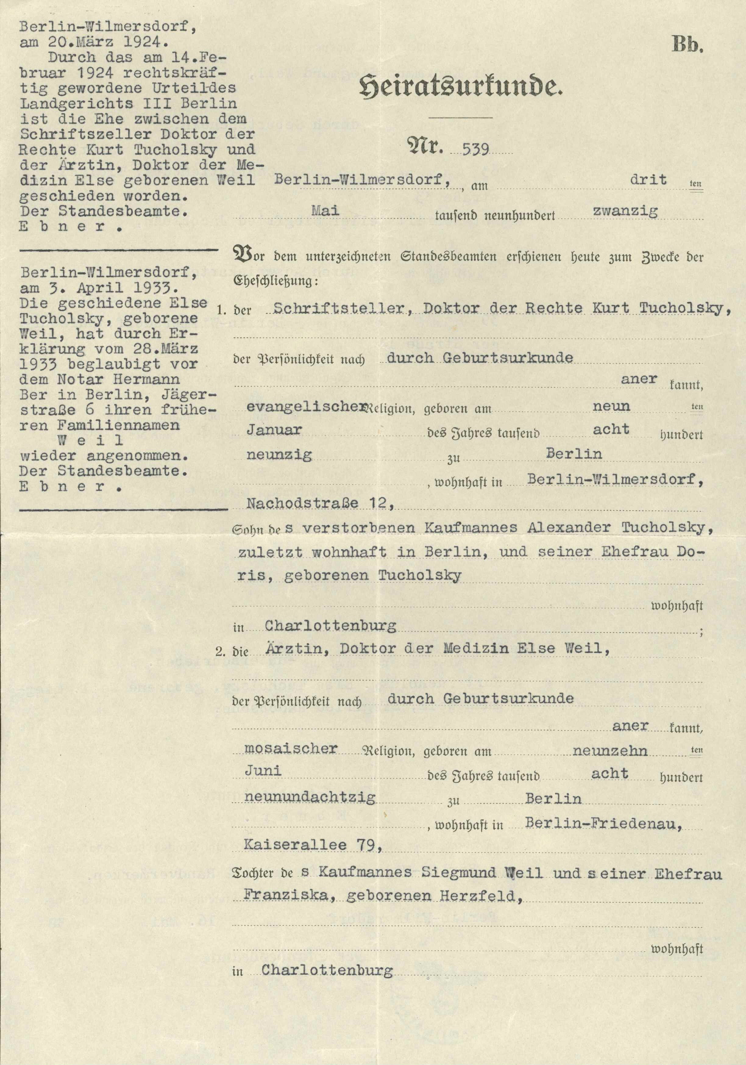Heiratsurkunde 1920 Kurt Tucholsky und Else Weil (KTL CC BY-NC-SA)