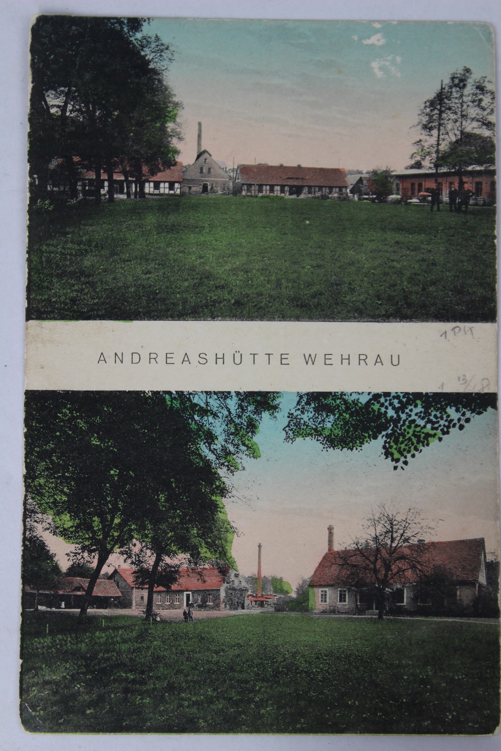 Postkarte mit dem Motiv der Andreashütte in Wehrau, Schlesien (Museum Baruther Glashütte CC BY-NC-SA)