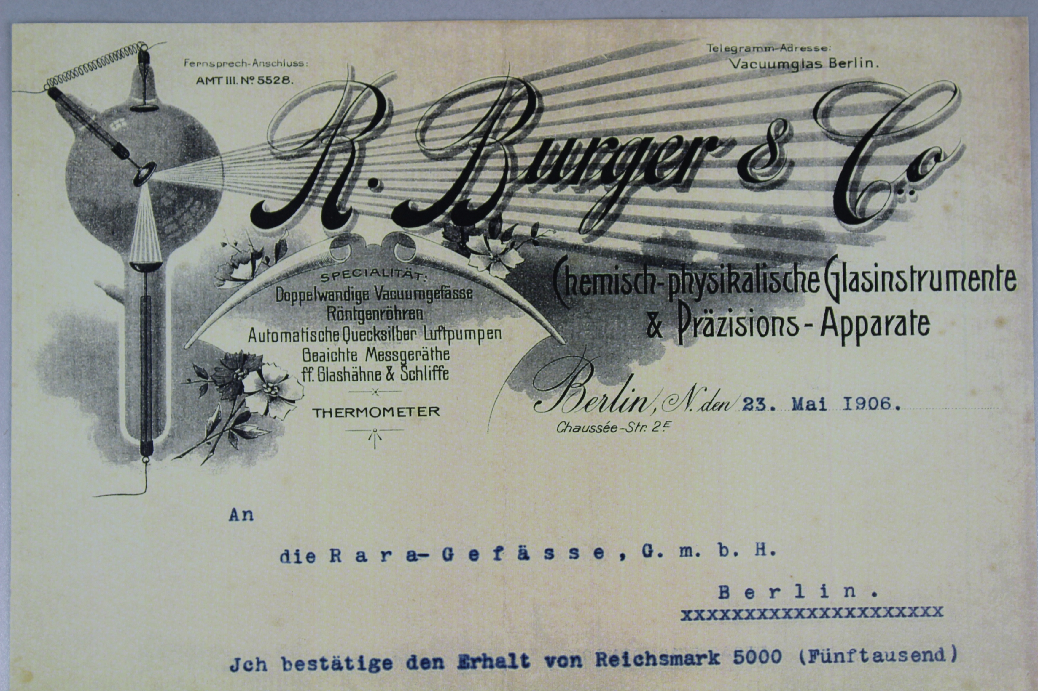Briefkopf Reinhold Burger & Co, um 1906 (Museum Baruther Glashütte CC BY-NC-SA)
