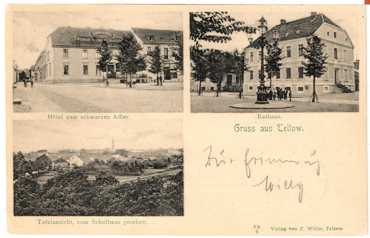 Gruss aus Teltow: Hotel zum schwarzen Adler, Rathaus, Totalansicht, vom Schulhaus gesehen. (Heimatmuseum Stadt Teltow CC BY-NC-SA)