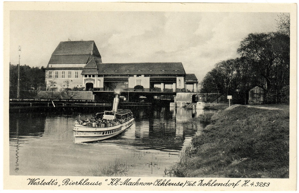 Kleinmachnow: Schleuse, Teltowkanal, Westedt's "Bierklause" (s/w) (Heimatmuseum Stadt Teltow CC BY-NC-SA)