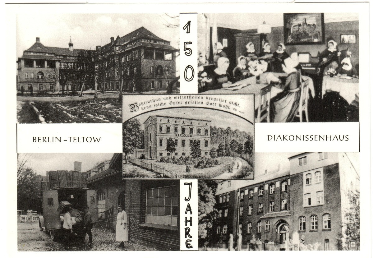 Teltow, Evangelisches Diakonissenhaus, Innenansicht, Außenansicht, Hofansicht mit Lieferwagen (s/w) (Heimatmuseum Stadt Teltow CC BY-NC-SA)