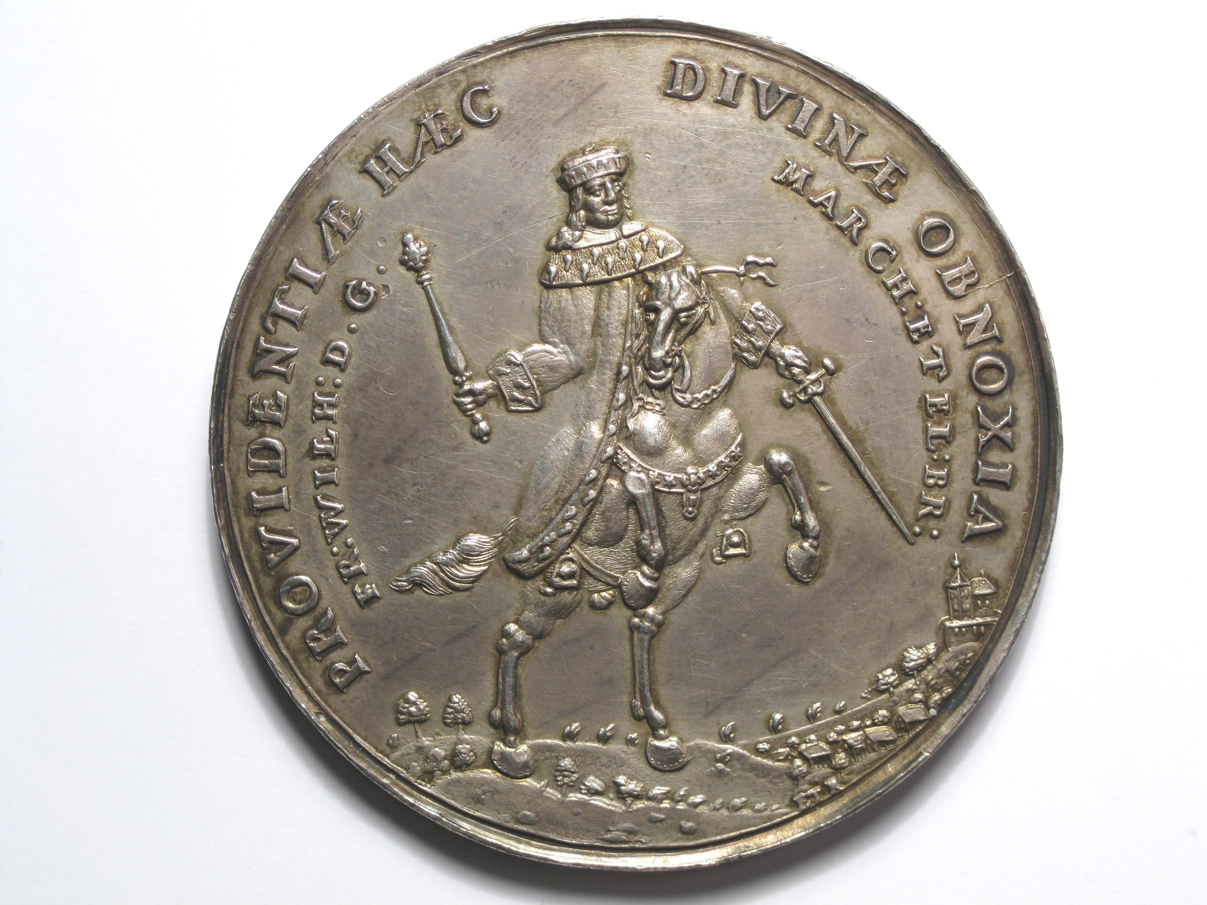 Medaille auf die Geburt des Prinzen Friedrich in Königsberg am 01.07.1657, X 4951, Vs. (Stiftung Preußische Schlösser und Gärten Berlin-Brandenburg CC BY-NC-SA)