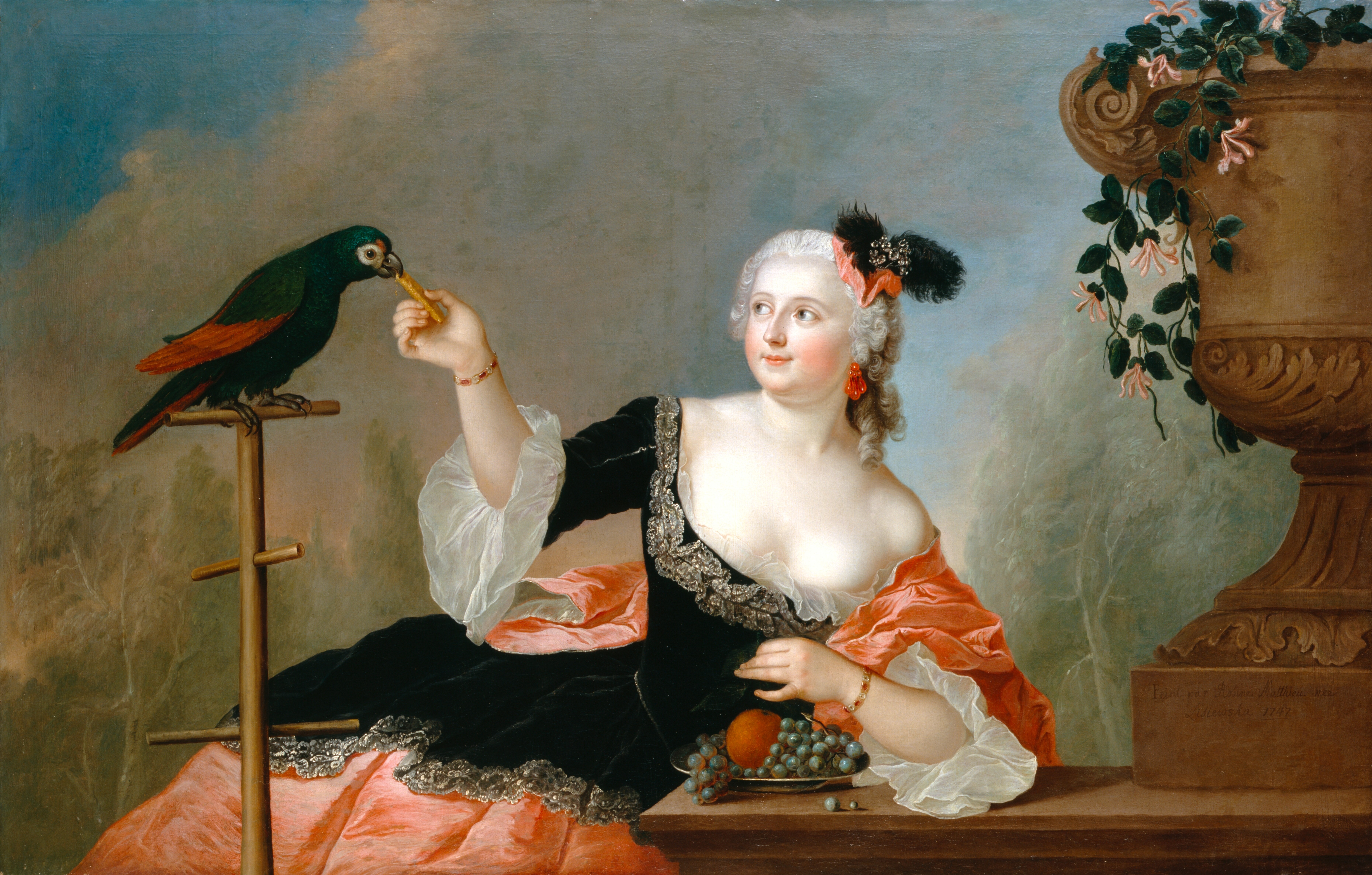 Lisiewska, Anna Rosina: Dame einen Papagei fütternd (oder "Dame mit Papagei"), GK I 50293. (Stiftung Preußische Schlösser und Gärten Berlin-Brandenburg CC BY-NC-SA)