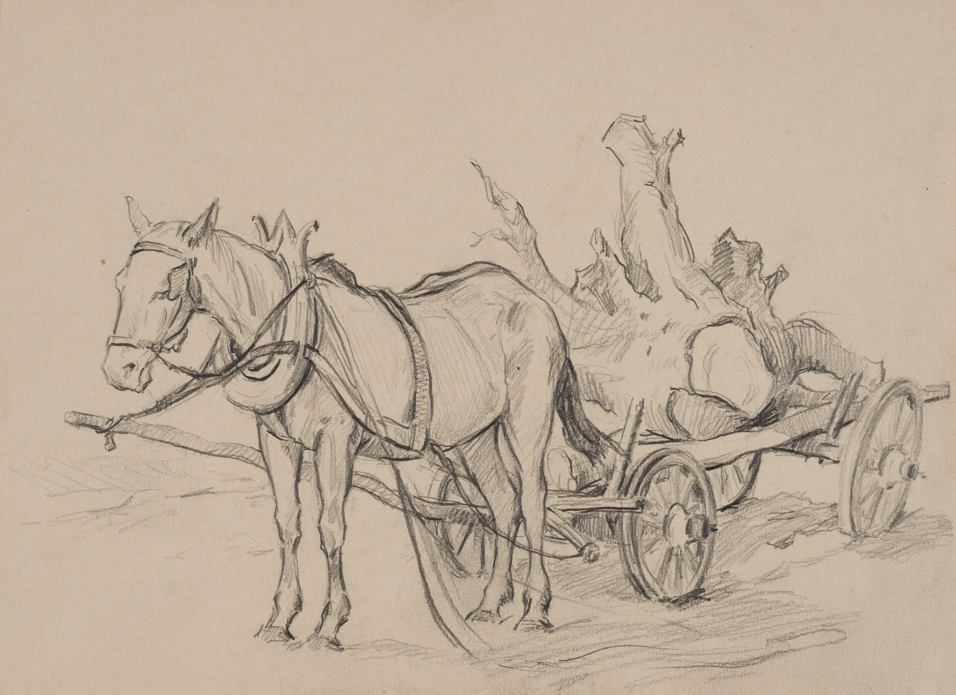 "Pferdegespann an einem Leiterwagen mit Baumstubben" (Museum und Galerie Falkensee CC BY-NC-SA)