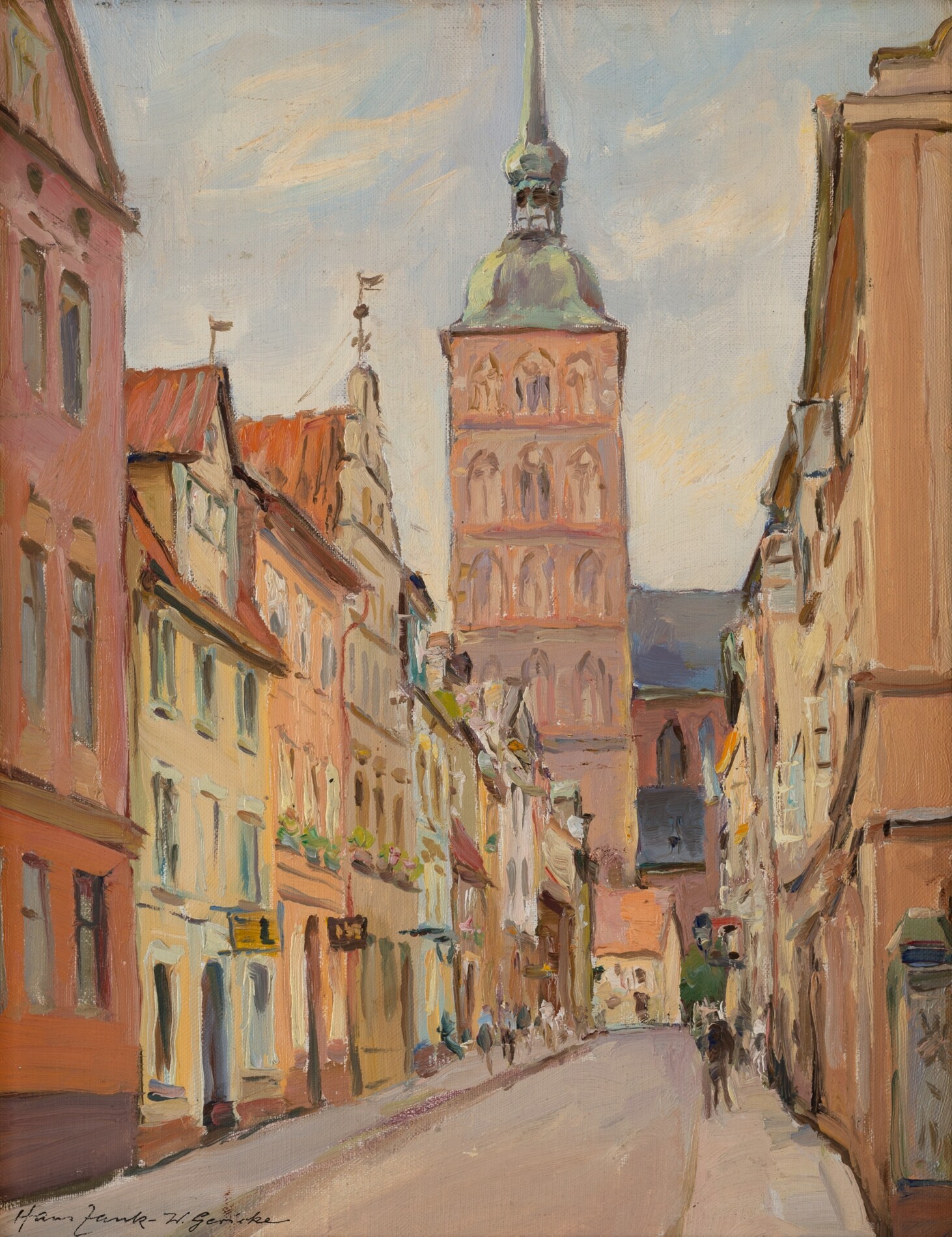 "Straße mit Nikolaikirche in Stralsund" (Museum und Galerie Falkensee CC BY-NC-SA)